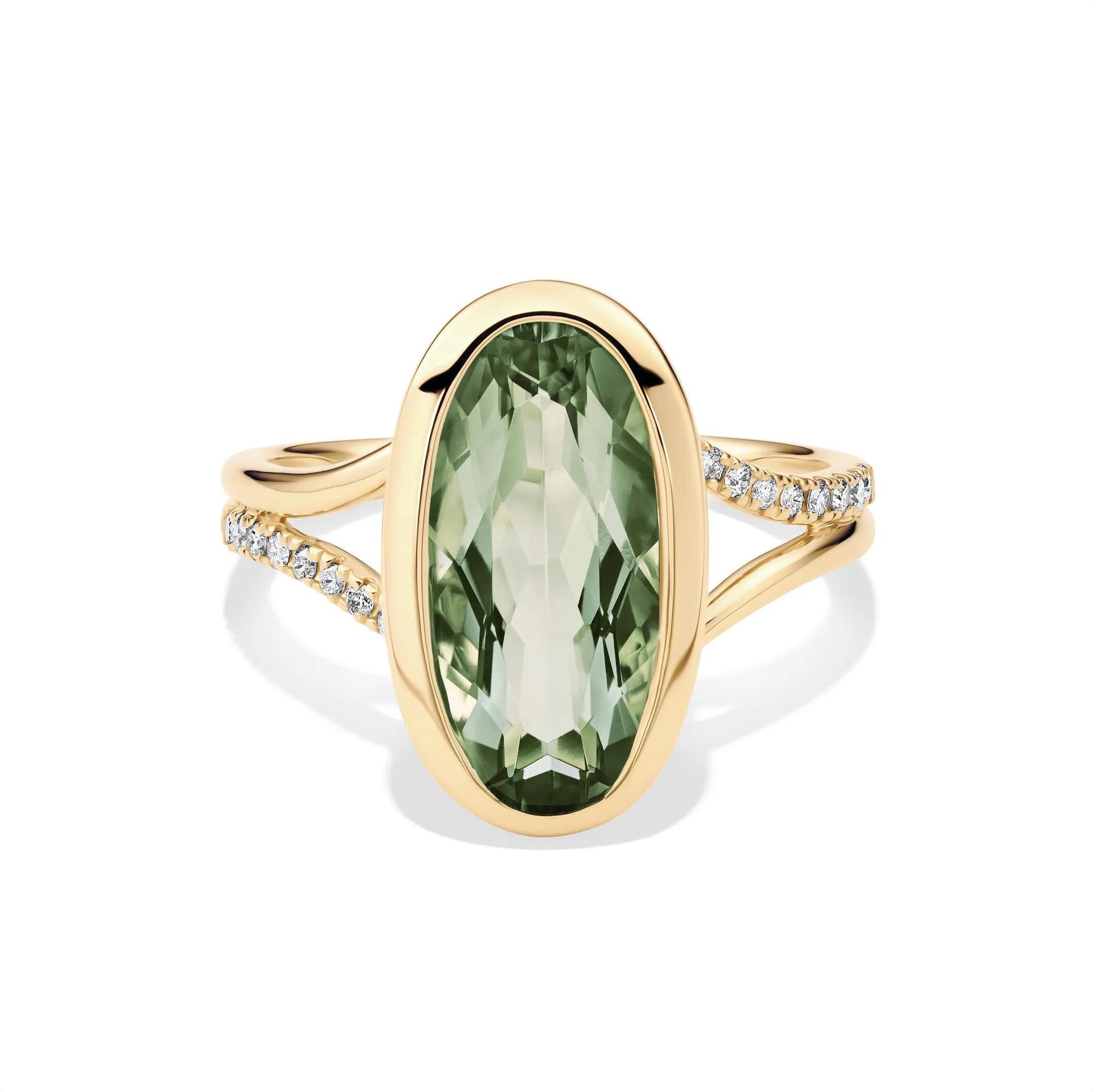 1/10 CT. Tw. Green Amethyst and Diamond Bezel Ring 10K Yellow Gold Round Brilliant Cut Size 5 1mm