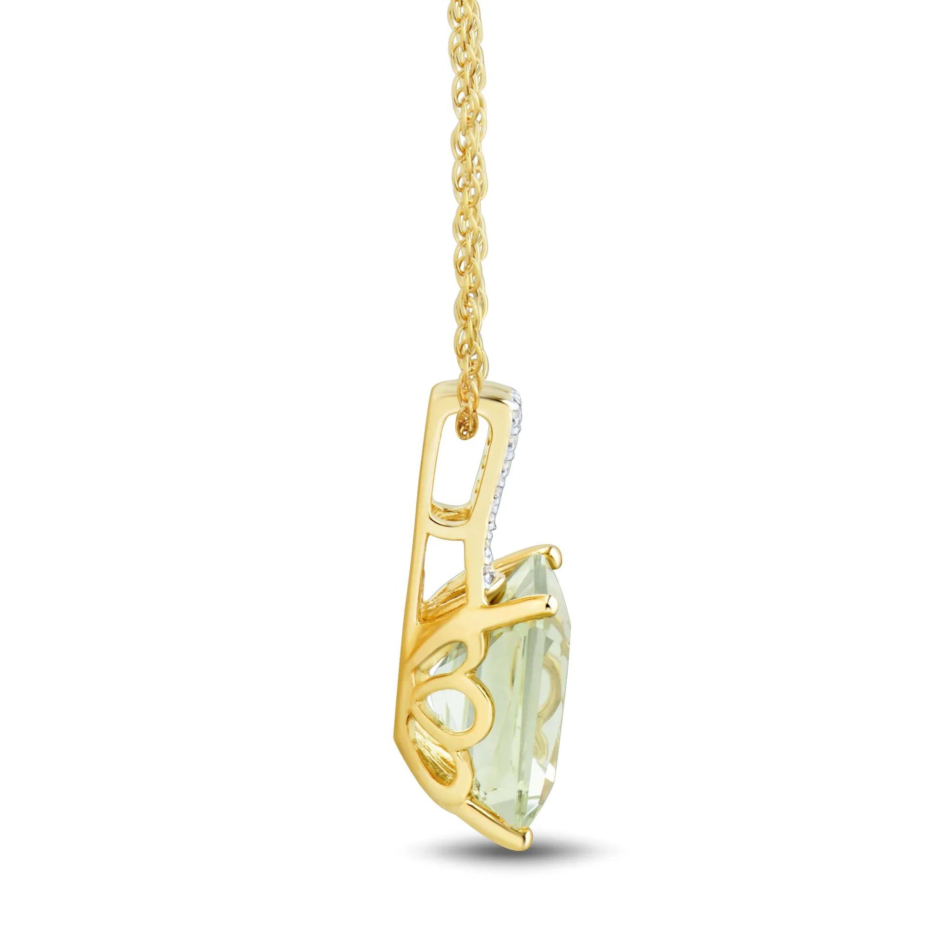 Green Amethyst and Diamond Pendant Necklace 10K Yellow Gold Size 18"