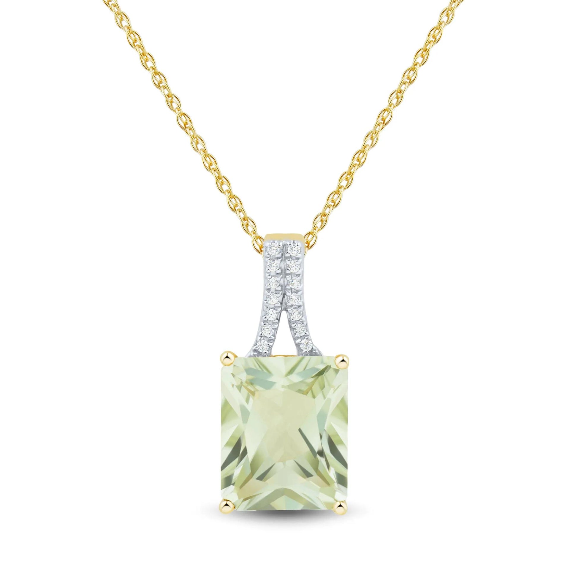 Green Amethyst and Diamond Pendant Necklace 10K Yellow Gold Size 18"