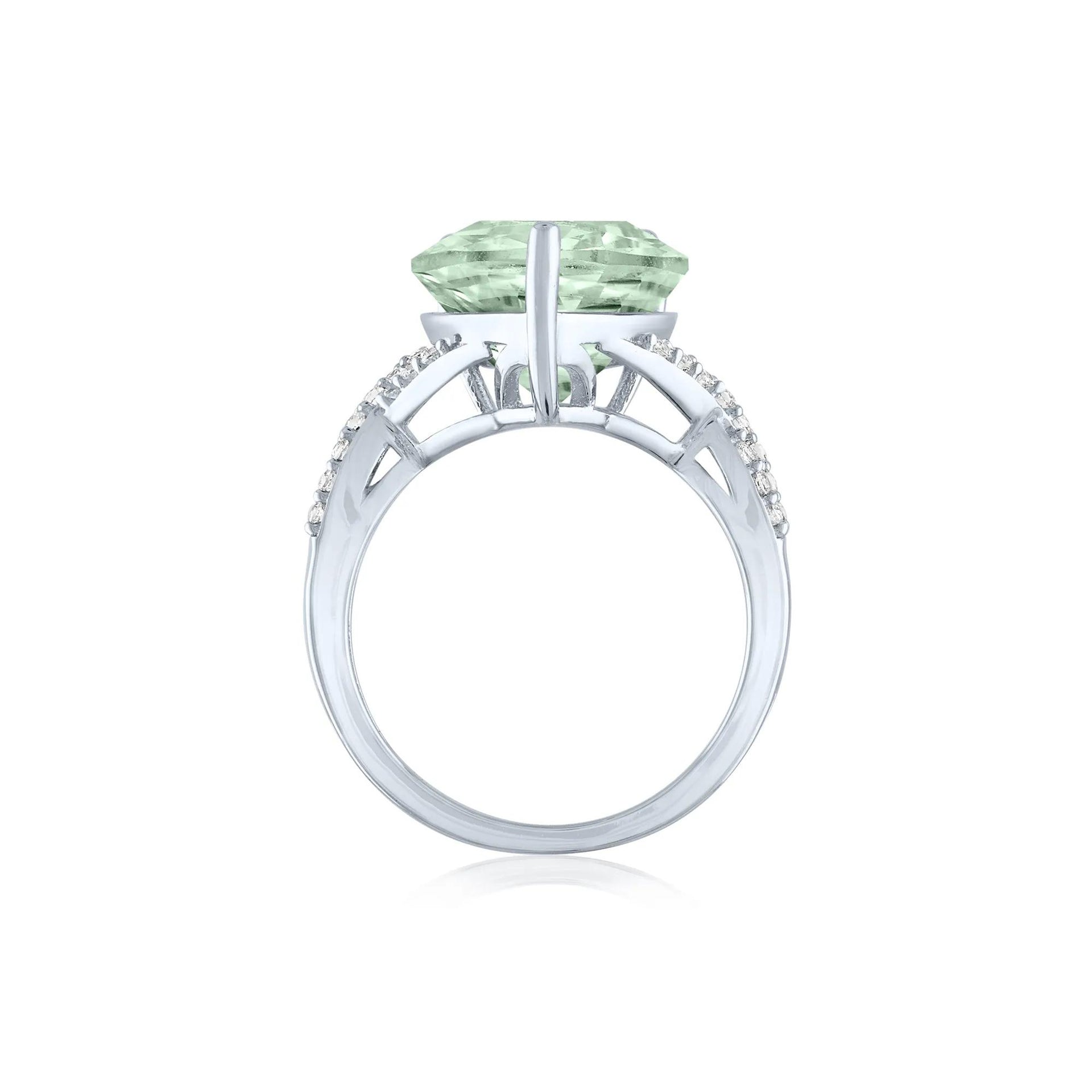 Green Amethyst and Lab-Created White Sapphire Cocktail Ring .925 Sterling Silver Round Brilliant Cut Size 9 1mm