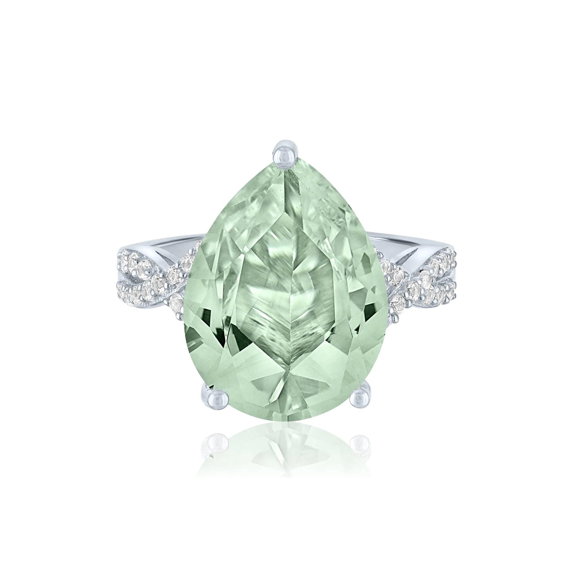 Green Amethyst and Lab-Created White Sapphire Cocktail Ring .925 Sterling Silver Round Brilliant Cut Size 9 1mm