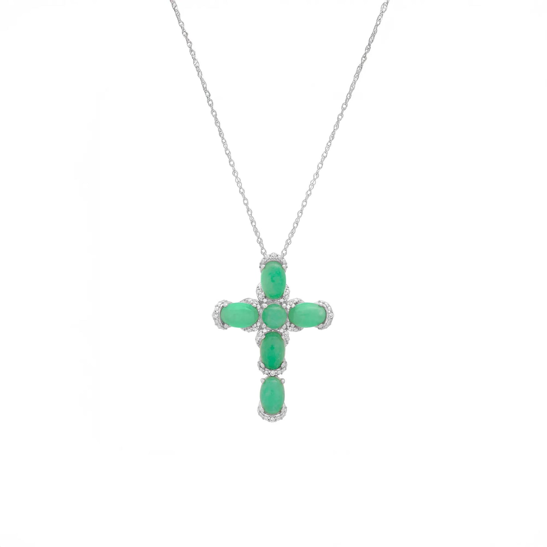 Green Jade Cross Pendant Necklace .925 Sterling Silver White Size 18"