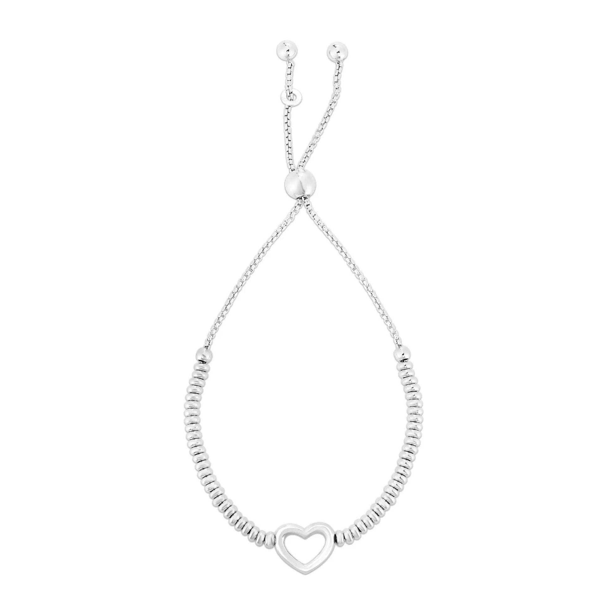 Heart and Bead Bolo Bracelet .925 Sterling Silver White Size 12.00mm