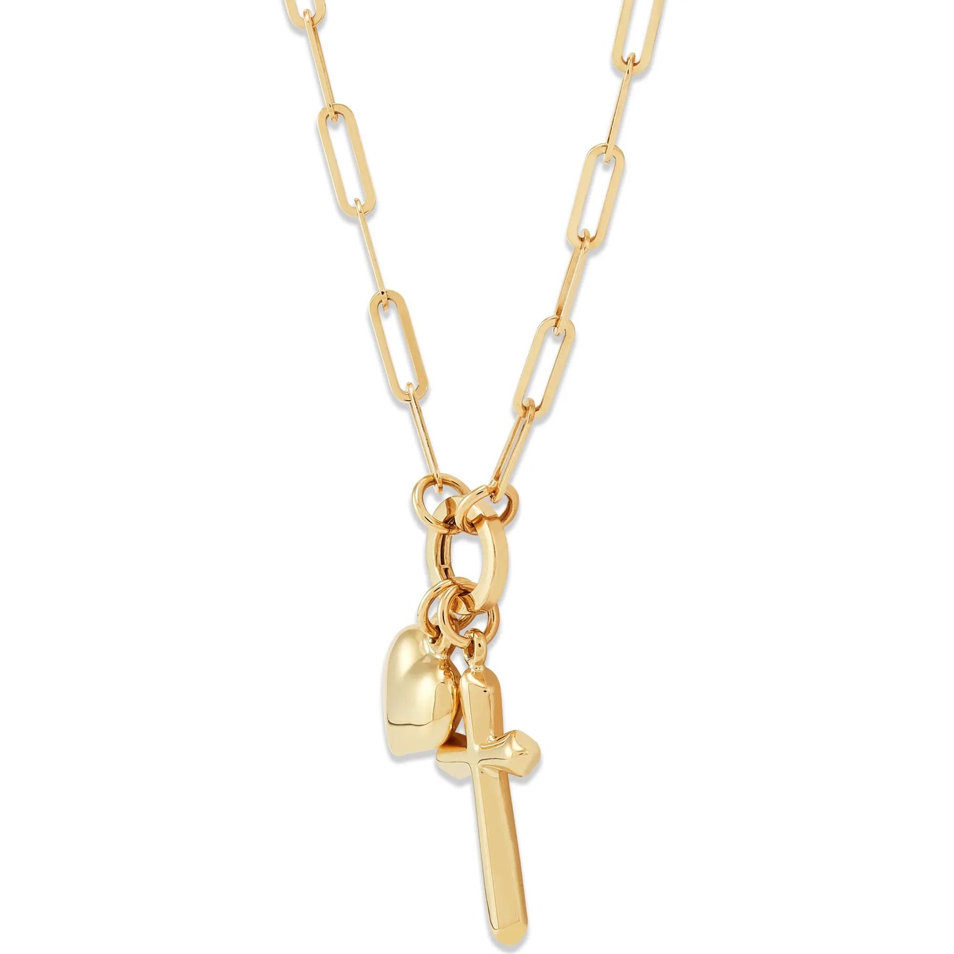 Heart & Cross Charm Paperclip Chain Necklace 14K Yellow Gold Size 10.00mm