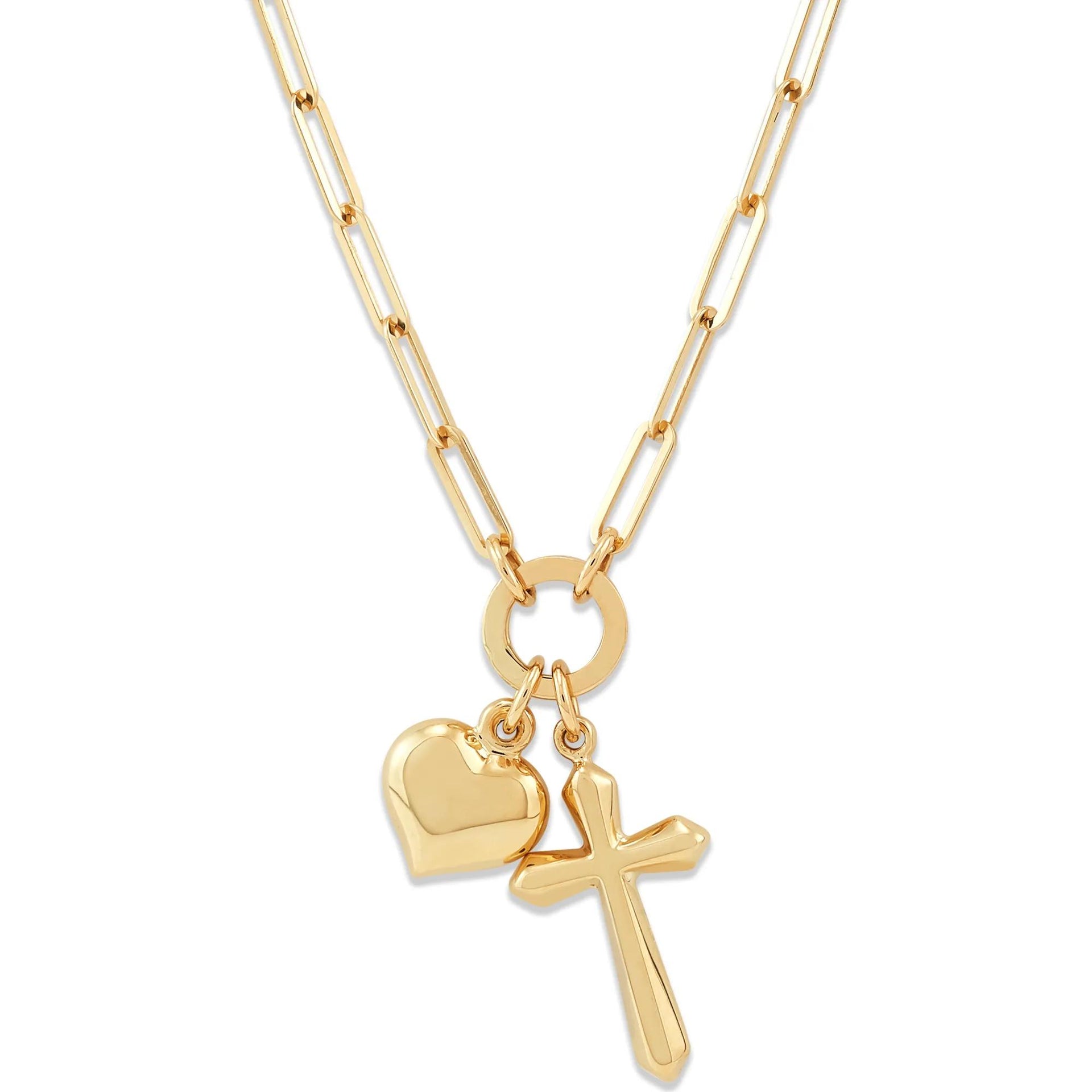 Heart & Cross Charm Paperclip Chain Necklace 14K Yellow Gold Size 10.00mm