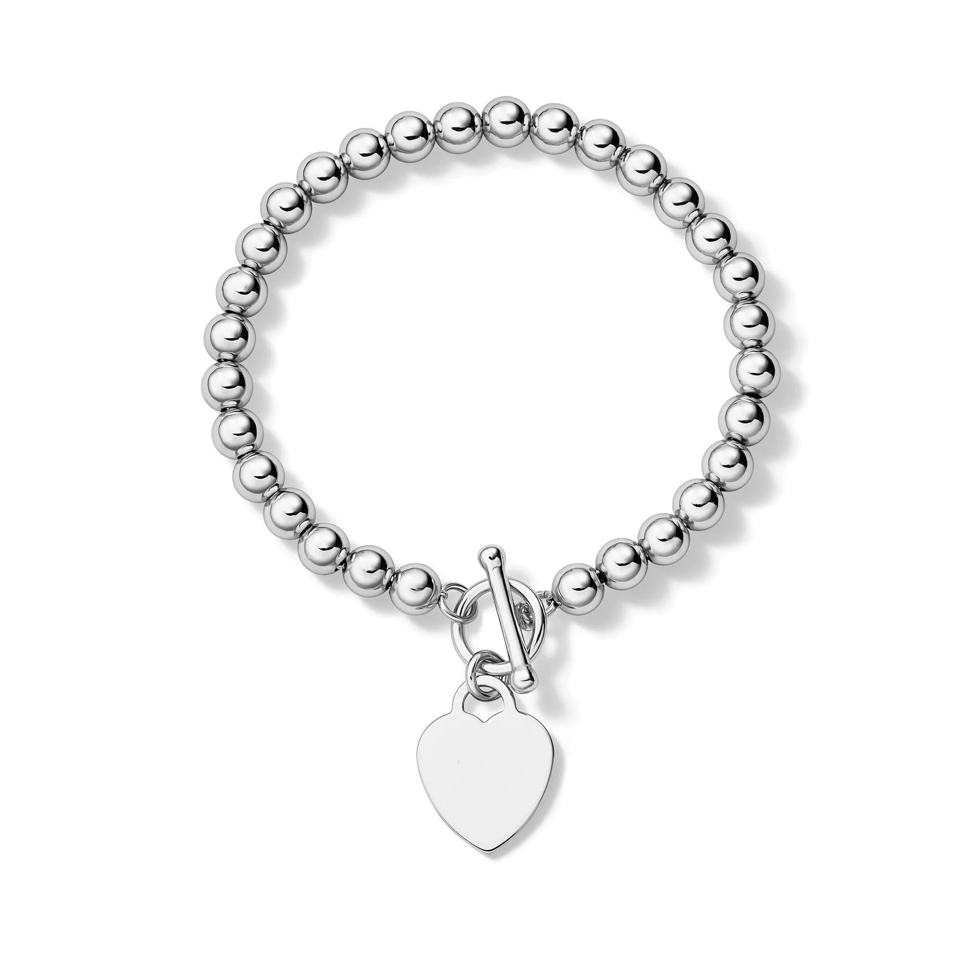 Heart Disc Bead Bracelet .925 Sterling Silver White Size 6.00mm