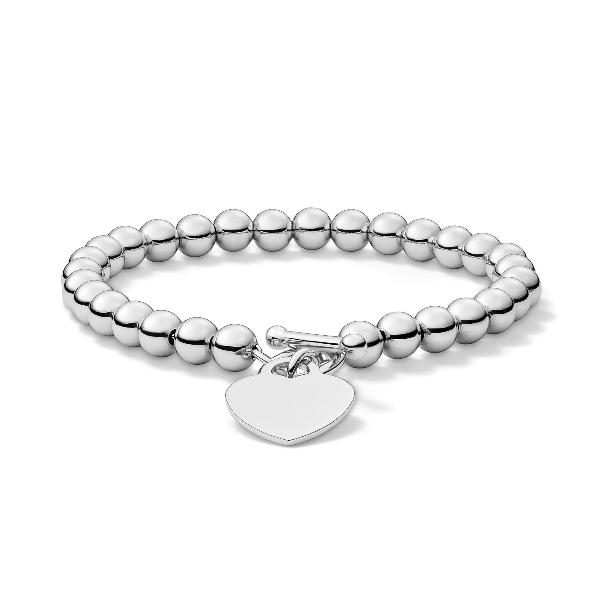 Heart Disc Bead Bracelet .925 Sterling Silver White Size 6.00mm