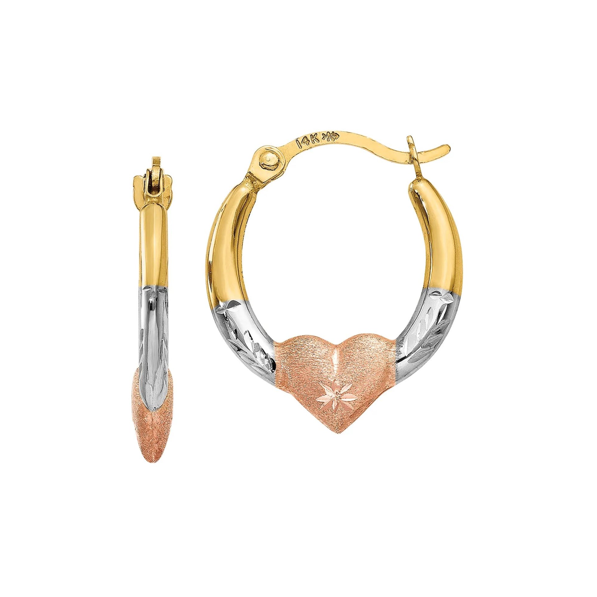 Heart Hoop Earrings 14K Yellow White and Rose Gold Size 16.00mm