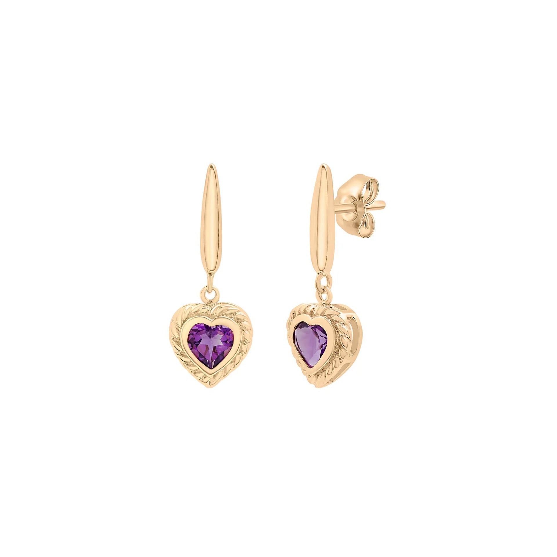Heart-Shaped Amethyst Earrings 10K Yellow Gold Size 8.90mm