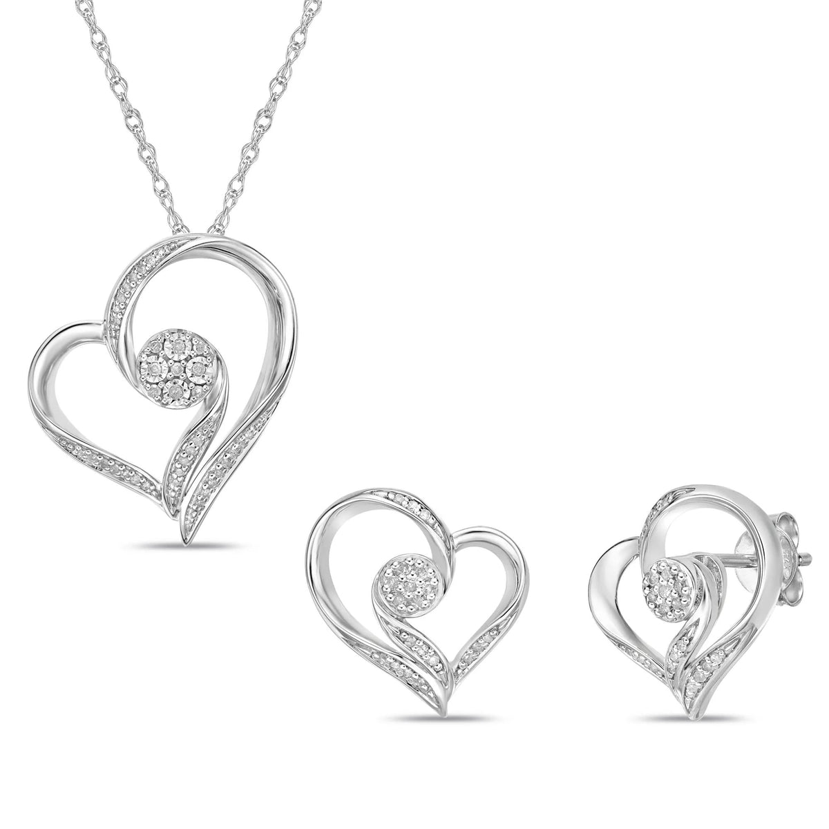 1/5 CT. Tw. Heart-Shaped Diamond Pendant Necklace and Earring Set .925 Sterling Silver White Size 18"