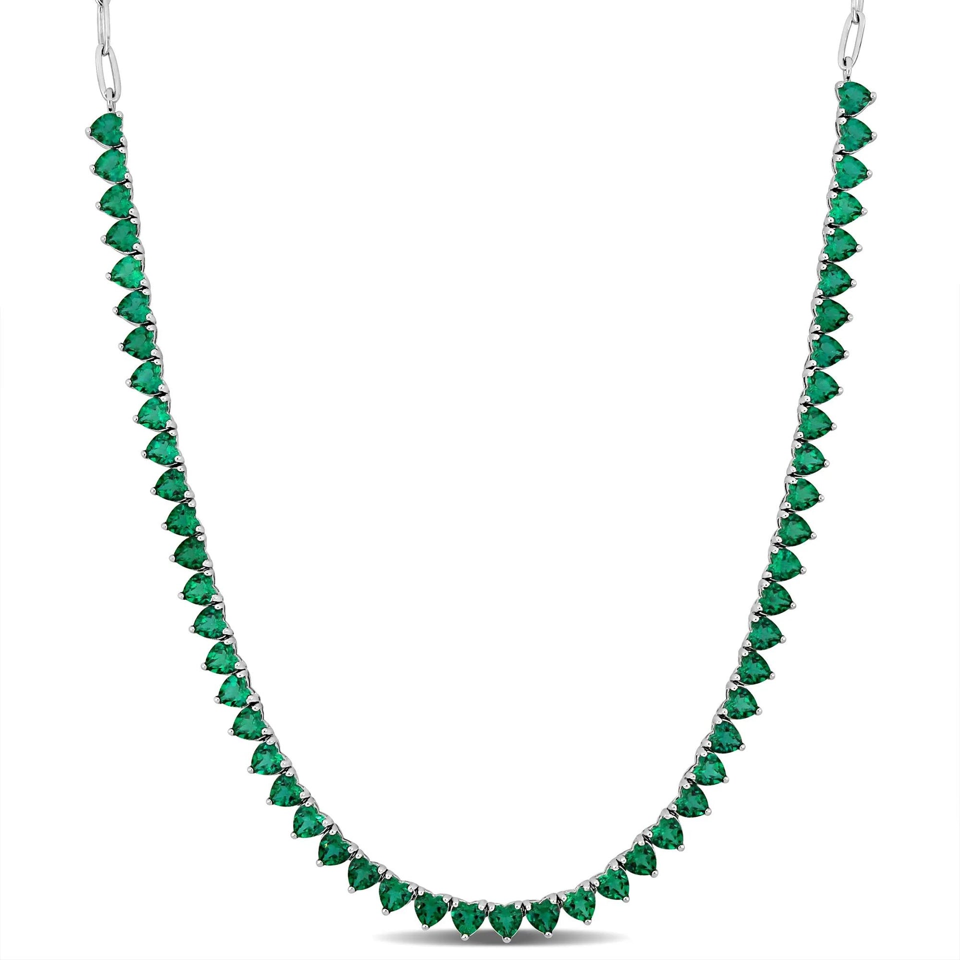 Heart-Shaped Lab-Created Emerald Tennis Necklace .925 Sterling Silver White Size 18"
