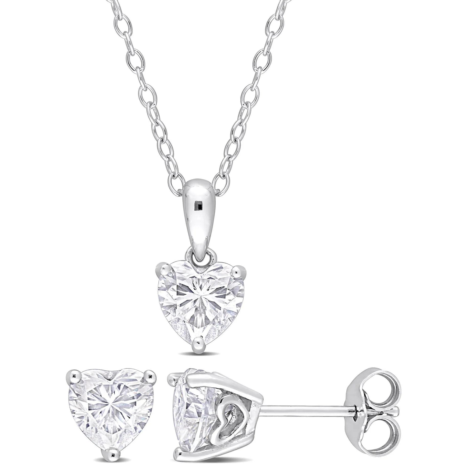 Heart-Shaped Lab-Created Moissanite Solitaire Pendant Necklace & Earrings Set .925 Sterling Silver (2 1/4 CT. Dew) White Size 18"
