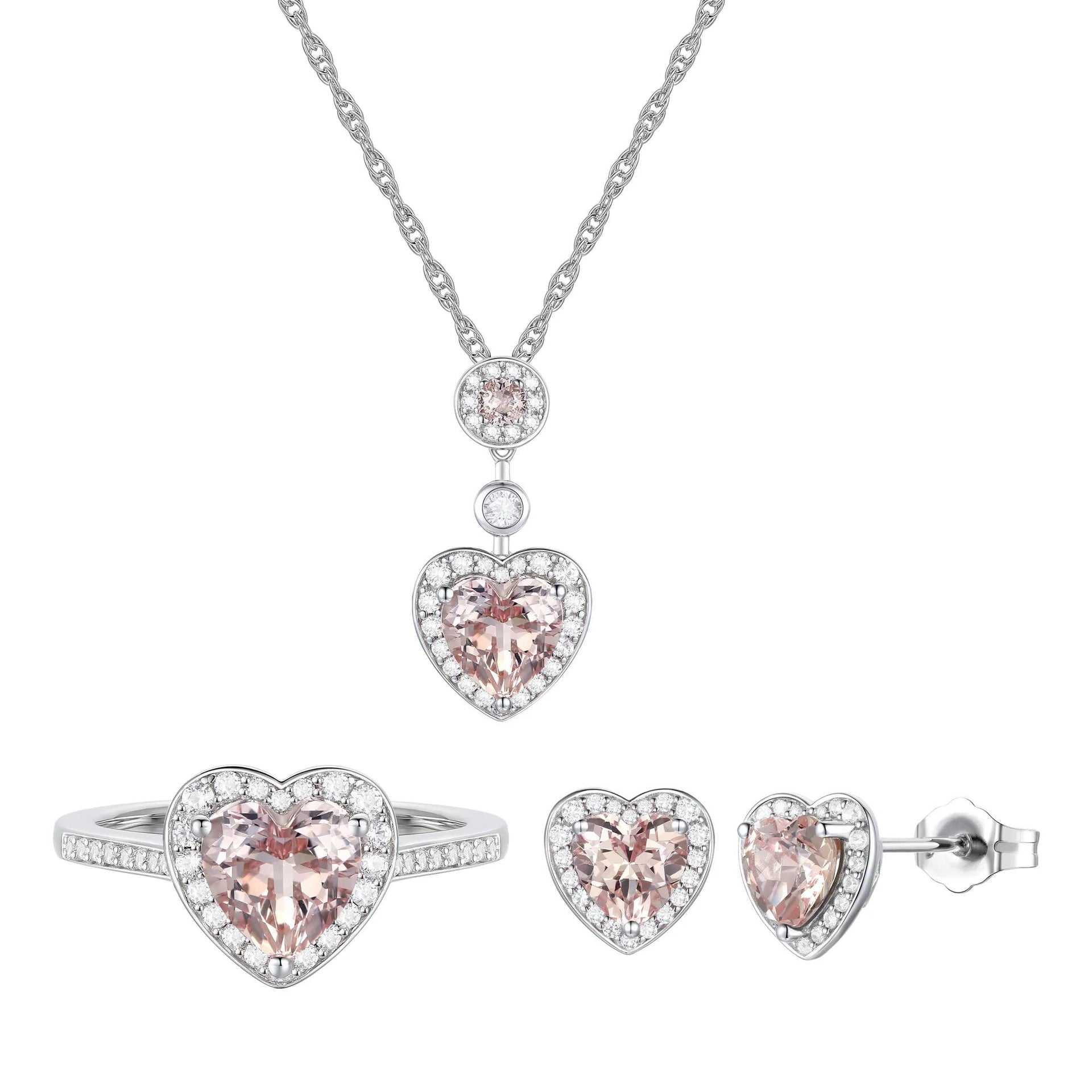 Heart-Shaped Lab Created Pink Sapphire Earring Pendant Necklace & Ring Set .925 Sterling Silver White Size 18" 1mm
