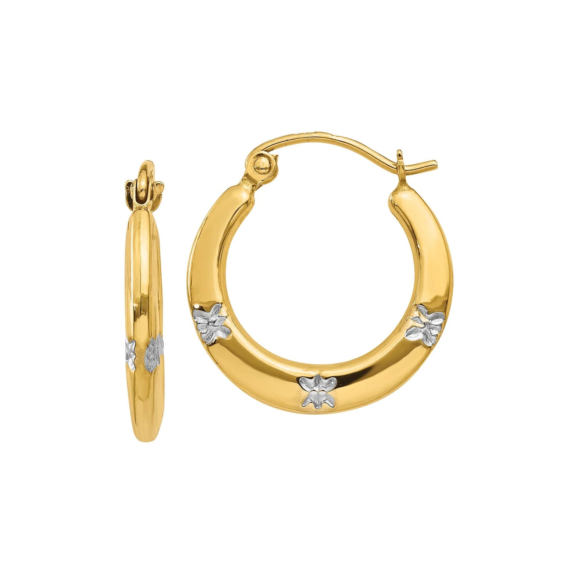 Hollow Hoop Earrings with White Rhodium Flowers 14K Yellow Gold Size 17.00mm