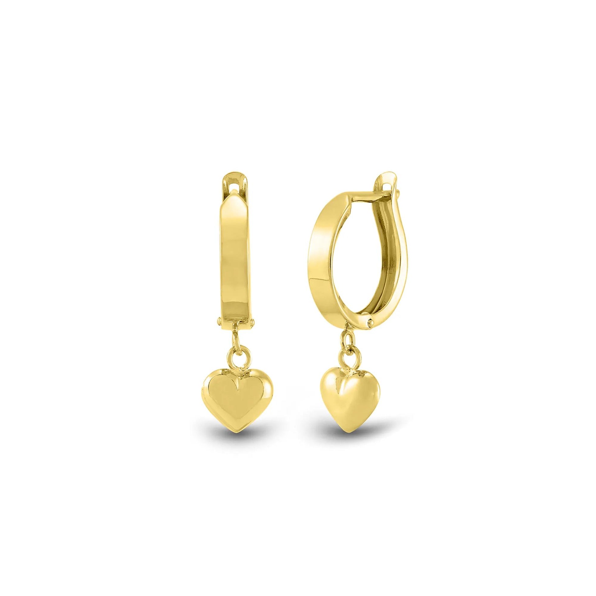 Huggie Hoop Earrings with Heart Dangle 14K Yellow Gold Size 12.00mm