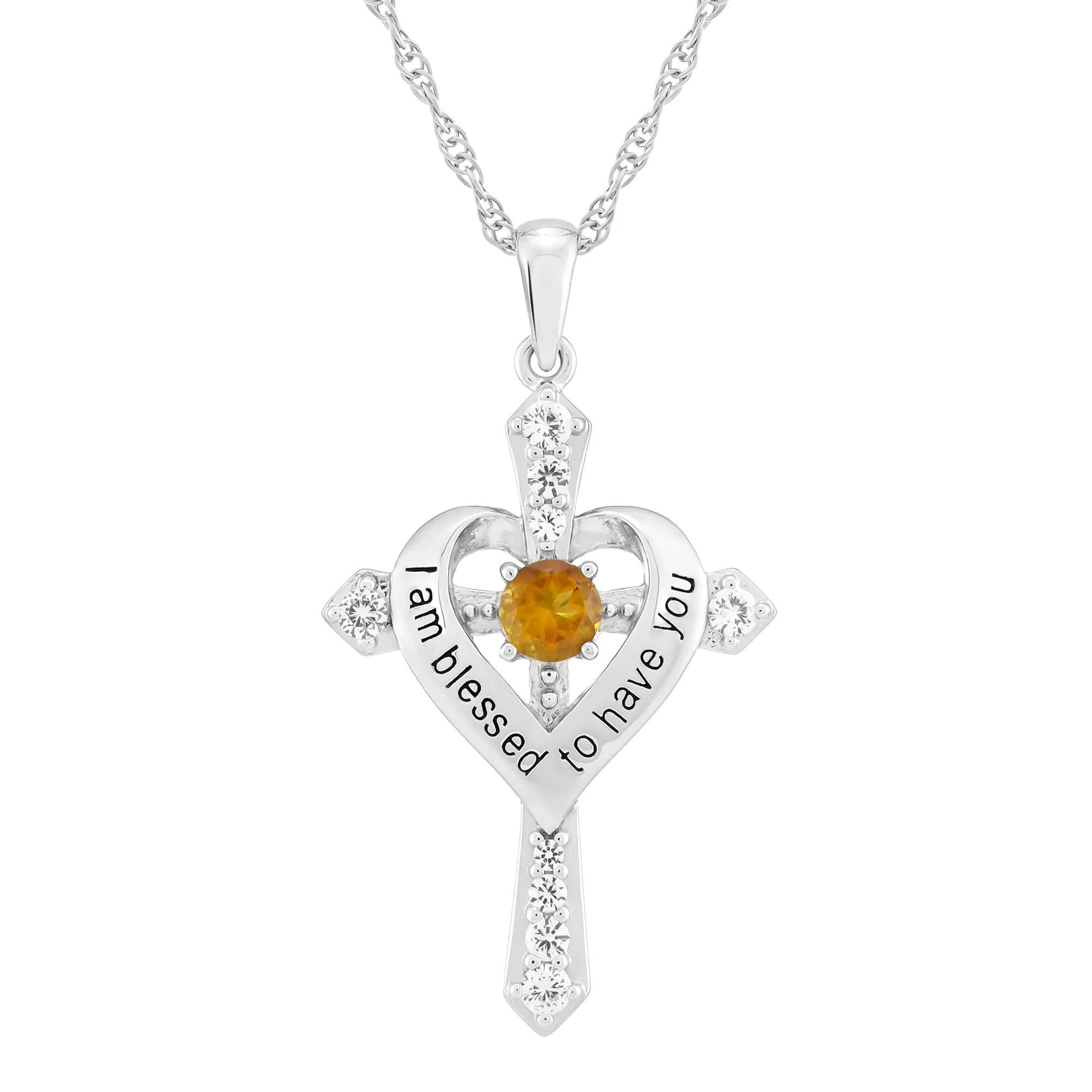 I Am Blessed to Have You Citrine and Lab-Created White Sapphire Cross Pendant Necklace .925 Sterling Silver Size 20"