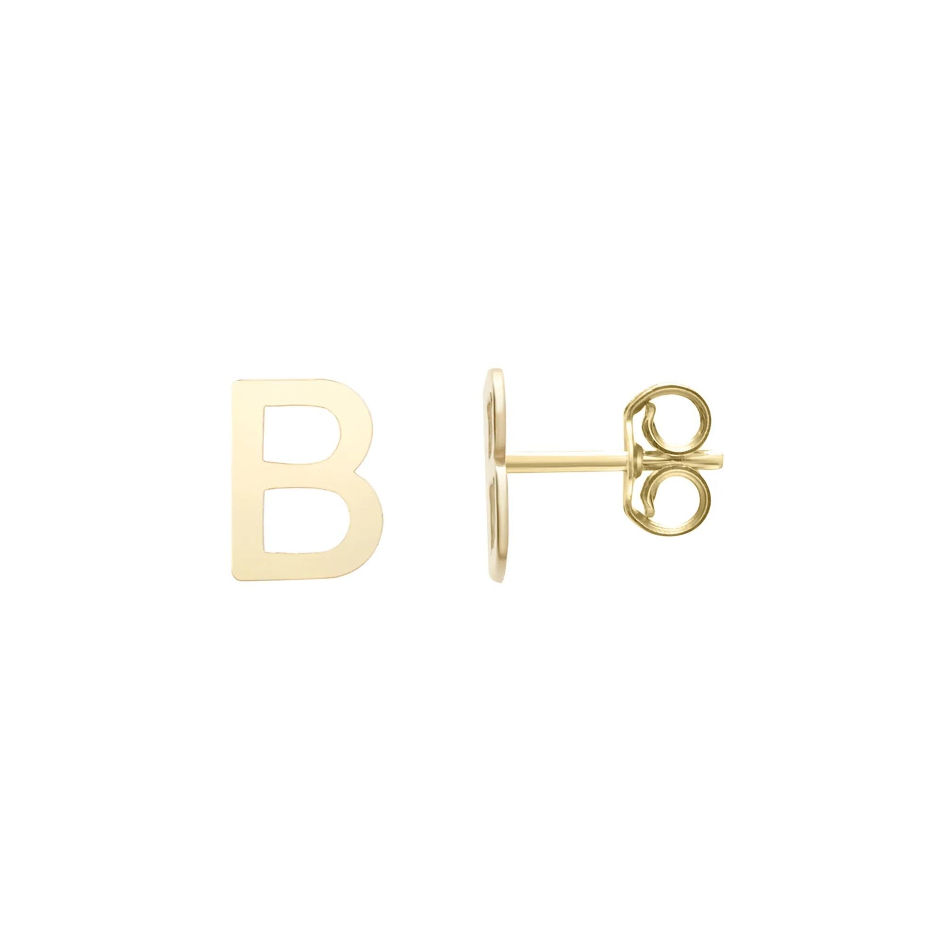 Initial Stud Earrings Letter "b" 14K Yellow Gold Size 5.00mm