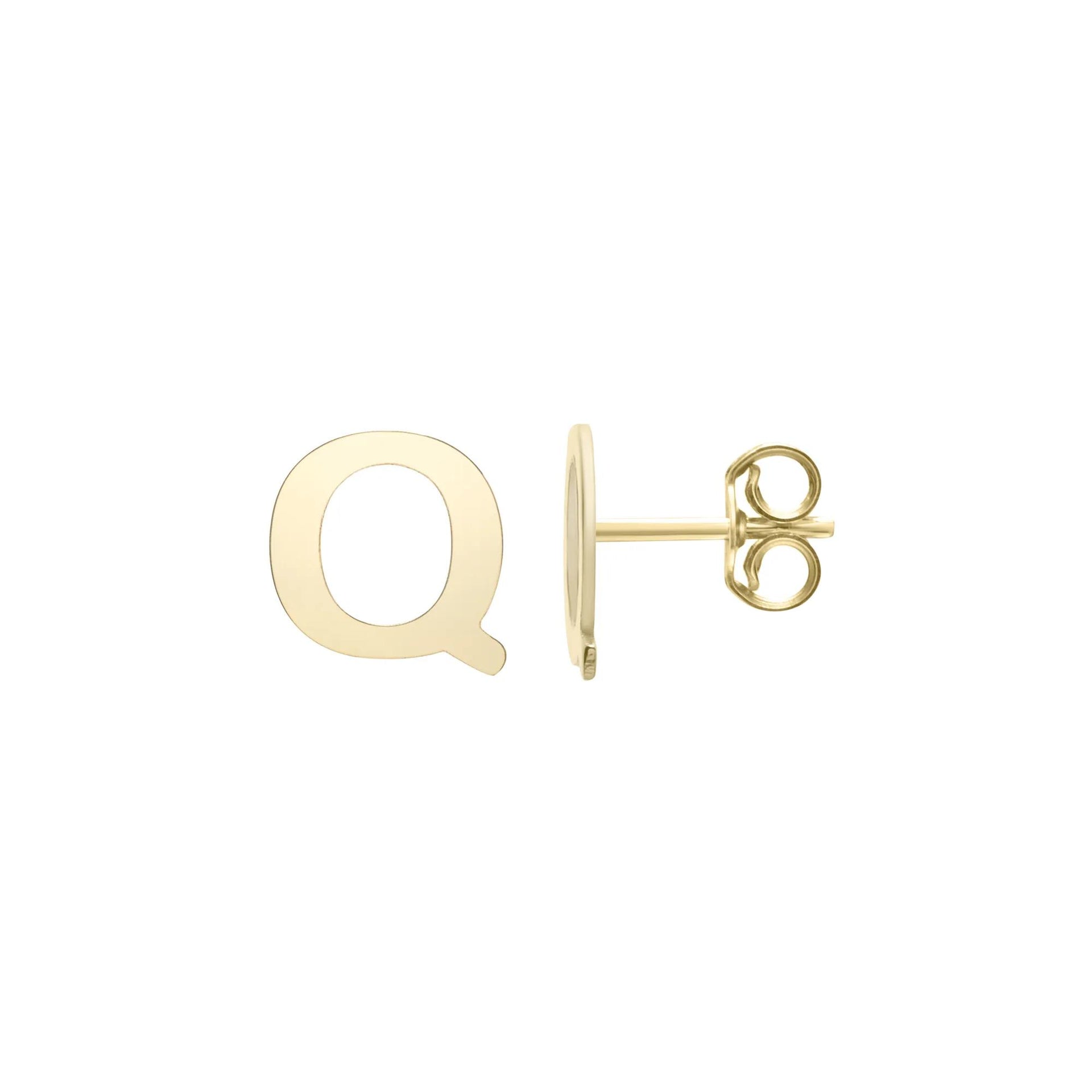 Initial Stud Earrings Letter "q" 14K Yellow Gold Size 6.50mm