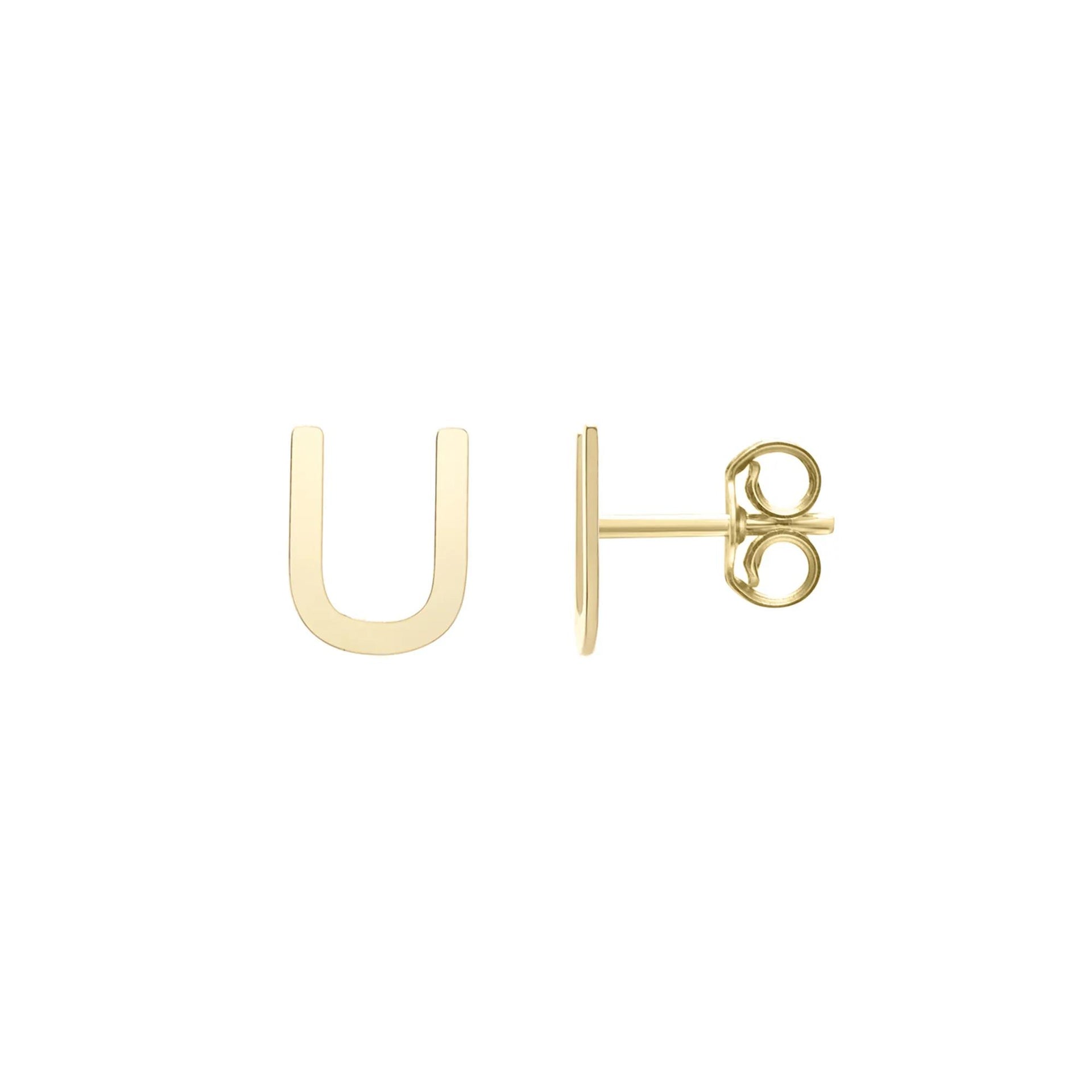 Initial Stud Earrings Letter "u" 14K Yellow Gold Size 5.00mm