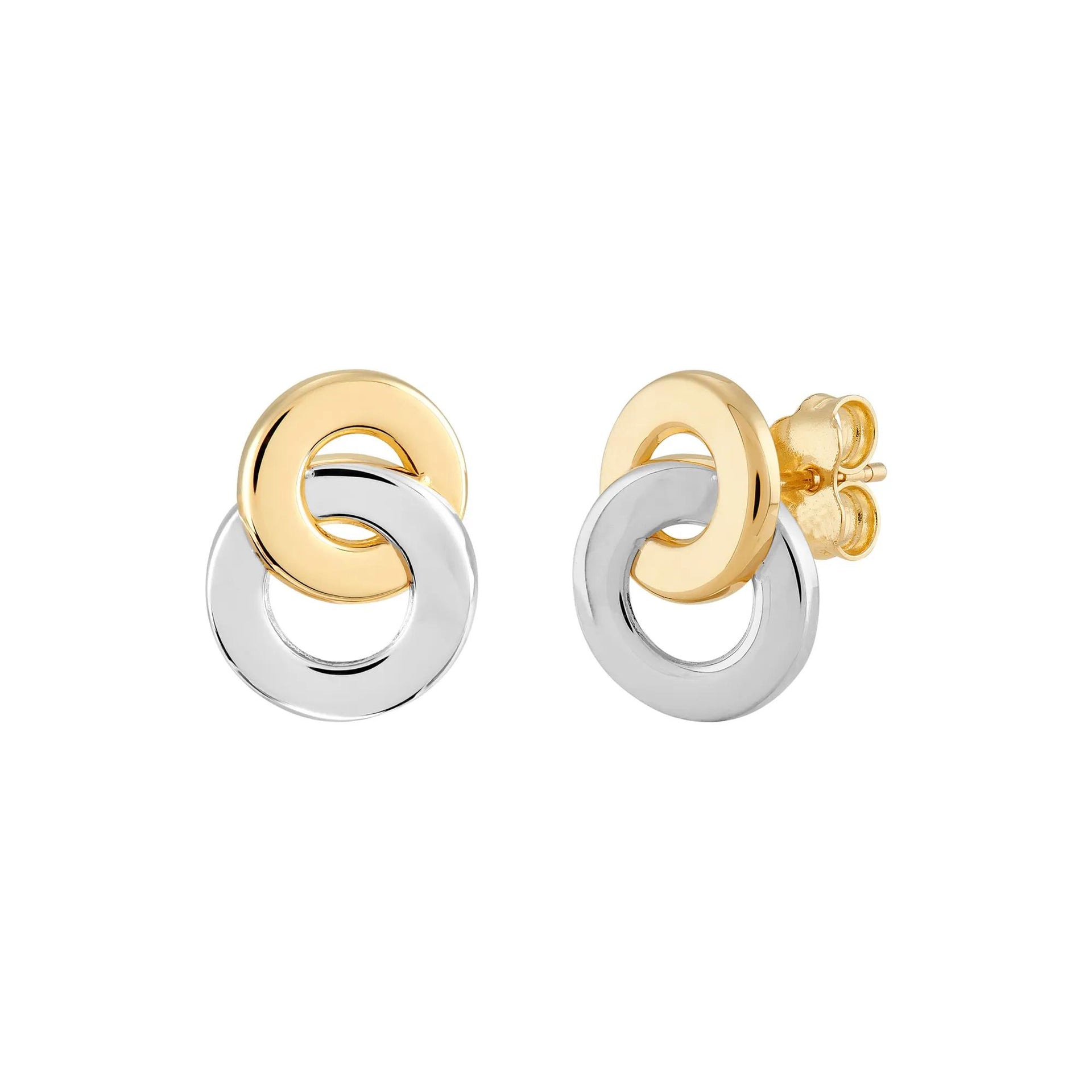 Interlocking Circle Stud Earrings 10K Yellow and White Gold Size 10.50mm