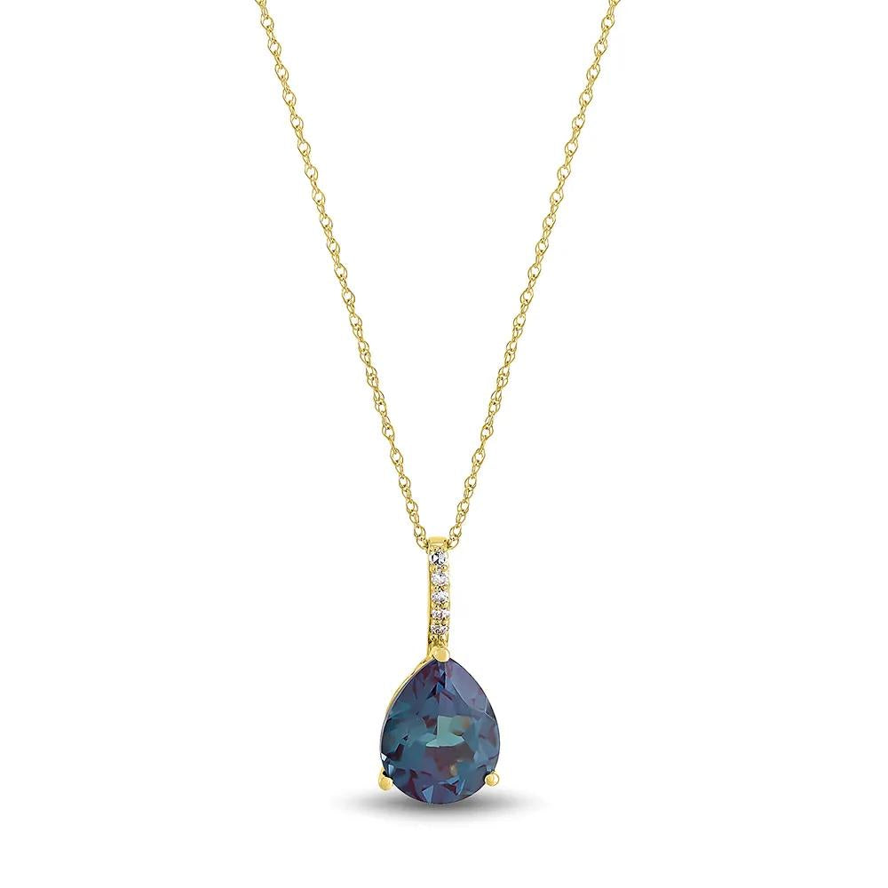 Lab Created Alexandrite & Diamond Pendant Necklace 10K Yellow Gold Size 18"