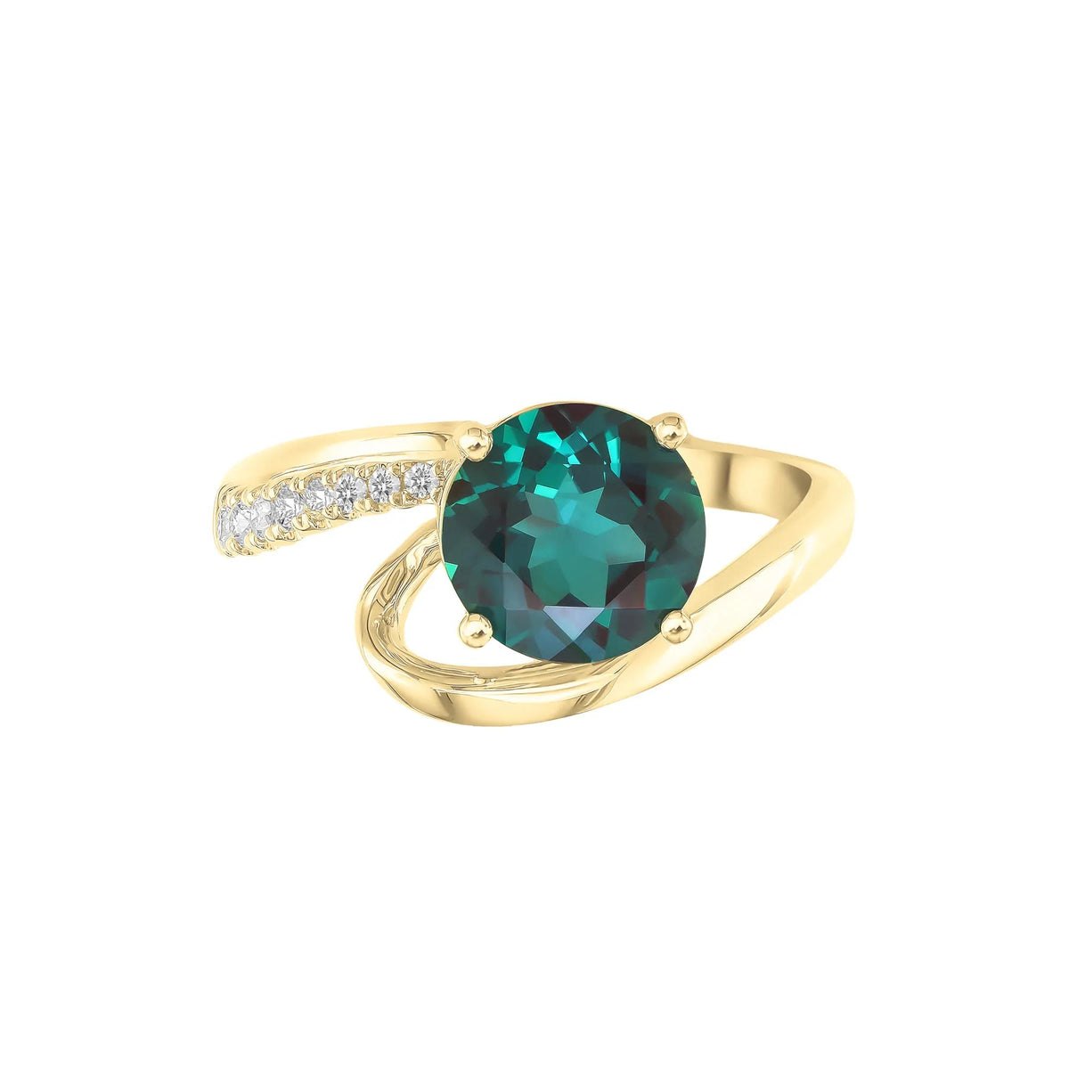 Lab-Created Alexandrite and Diamond Ring 10K Yellow Gold Round Brilliant Cut Size 8 1mm