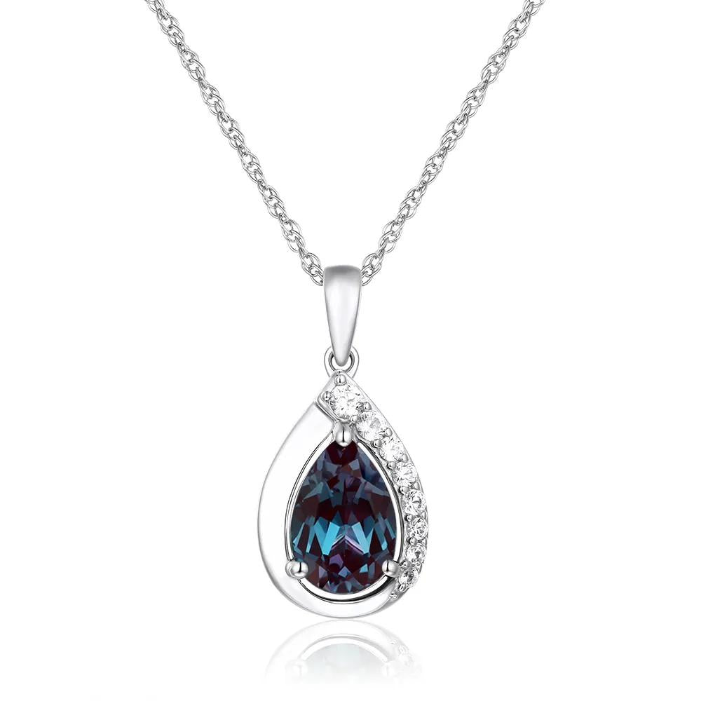 Lab-Created Alexandrite & Lab-Created White Sapphire Pear-Shaped Pendant Necklace .925 Sterling Silver Size 18"