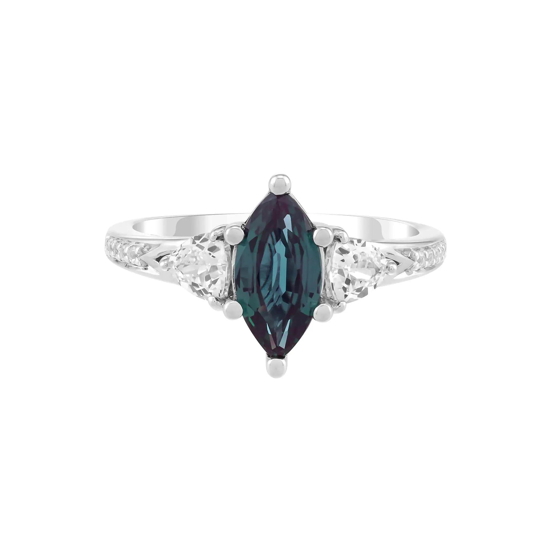 Lab-Created Alexandrite Marquise & Lab-Created White Sapphire Ring .925 Sterling Silver Size 7.5 2mm