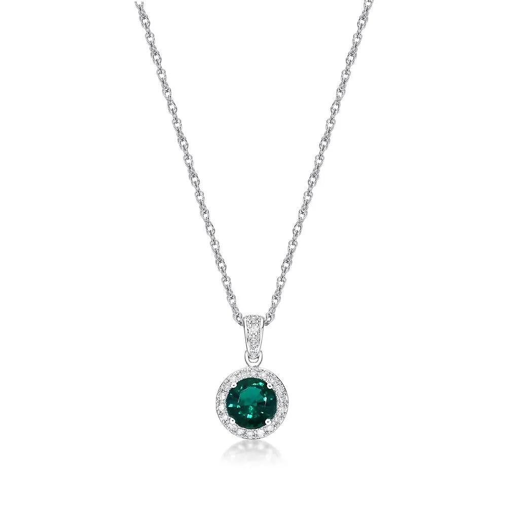 1/10 CT. Tw. Lab Created Emerald & Diamond Pendant Necklace .925 Sterling Silver White Size 18"