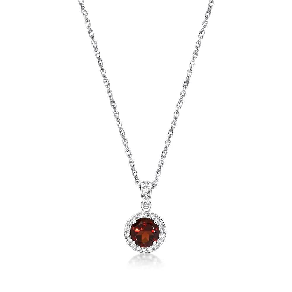 1/10 CT. Tw. Garnet & Diamond Pendant Necklace .925 Sterling Silver White Size 18"