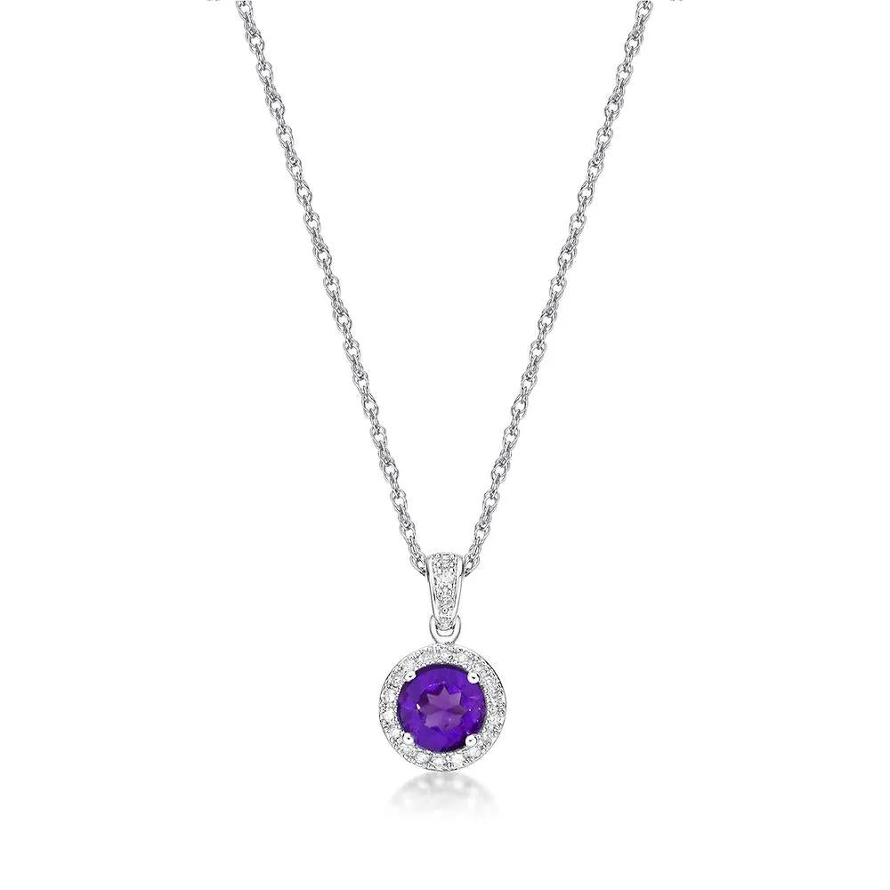 1/10 CT. Tw. Amethyst & Diamond Pendant Necklace .925 Sterling Silver White Size 18"