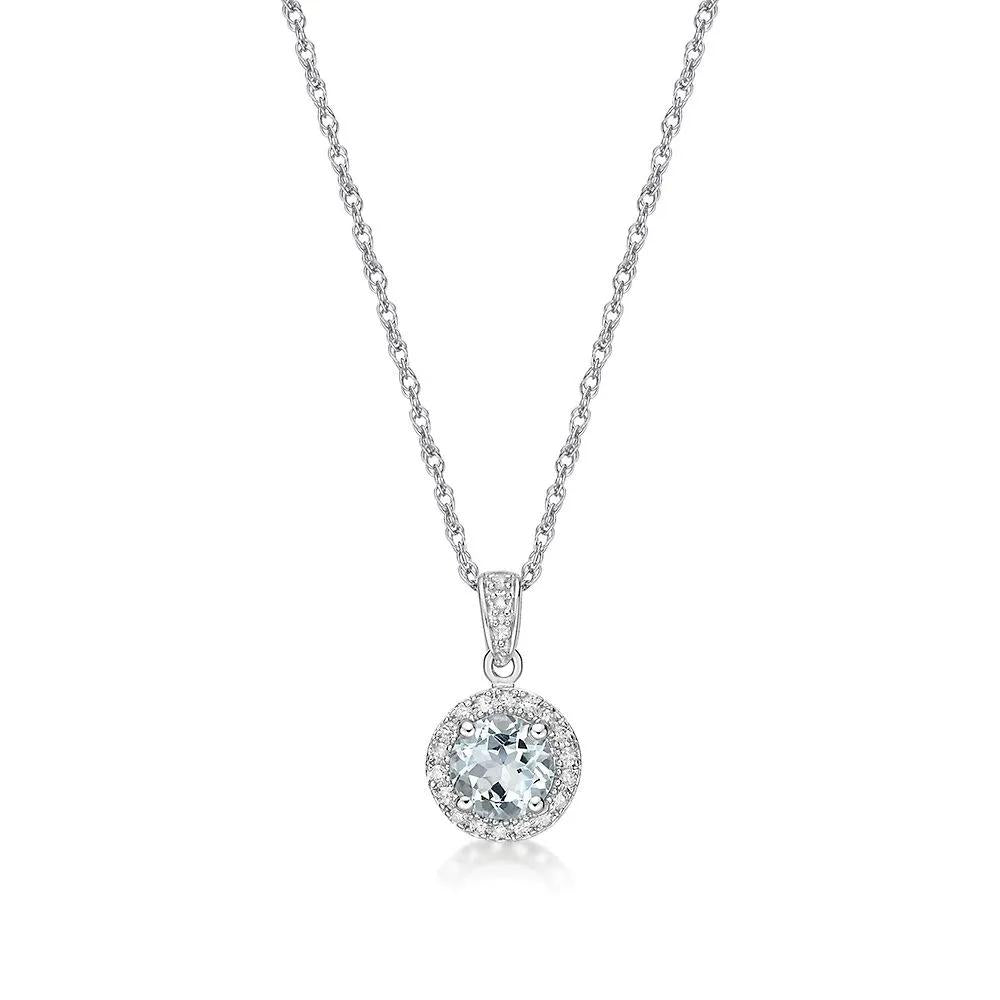 1/10 CT. Tw. Aquamarine & Diamond Pendant Necklace .925 Sterling Silver White Size 18"