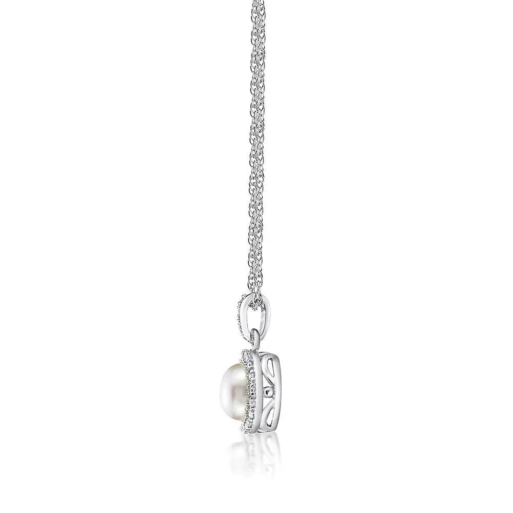 1/10 CT. Tw. Freshwater Cultured Pearl & Diamond Pendant Necklace .925 Sterling Silver White Size 18"