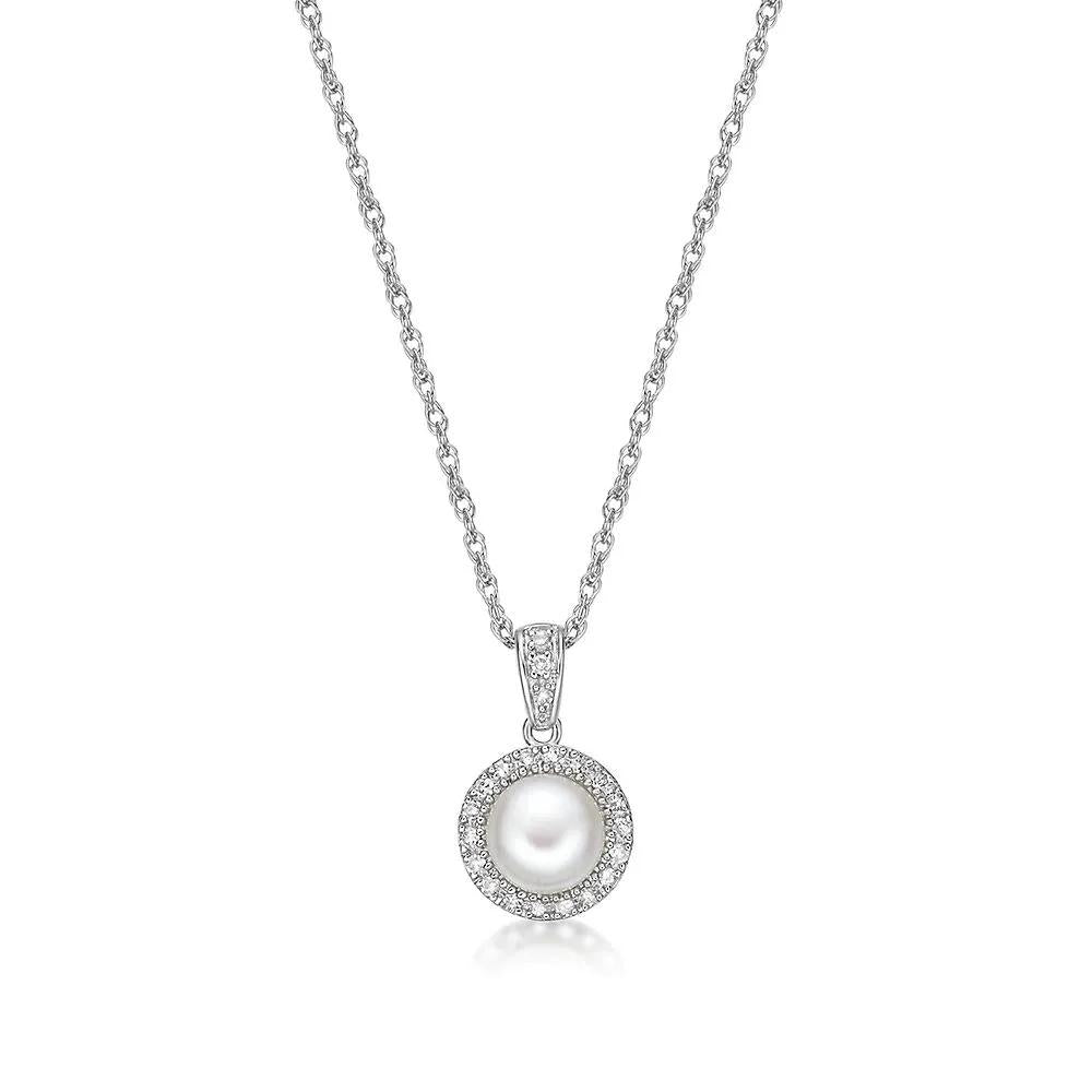 1/10 CT. Tw. Freshwater Cultured Pearl & Diamond Pendant Necklace .925 Sterling Silver White Size 18"