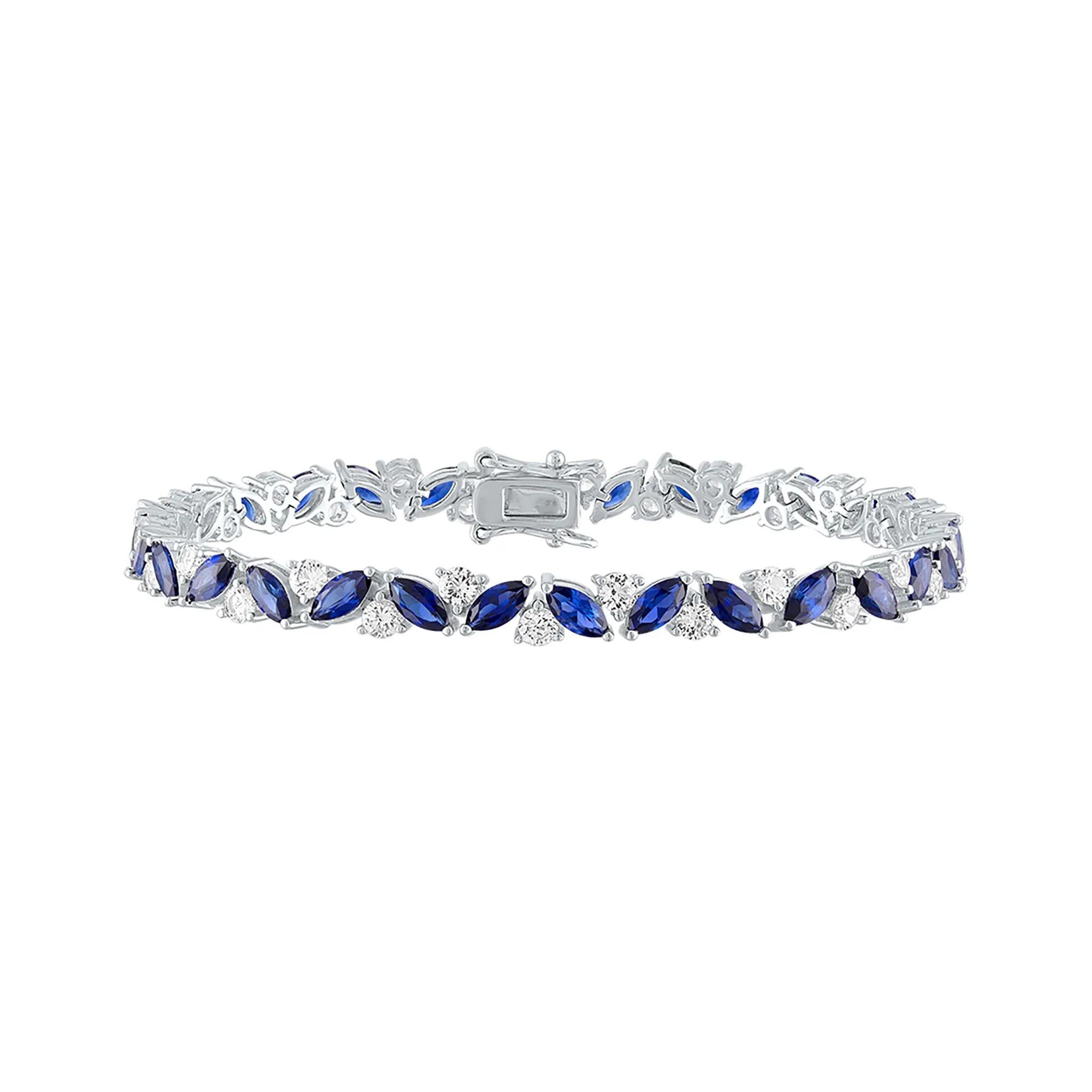 Lab Created Blue & White Sapphire Bracelet .925 Sterling Silver Size 7.25"
