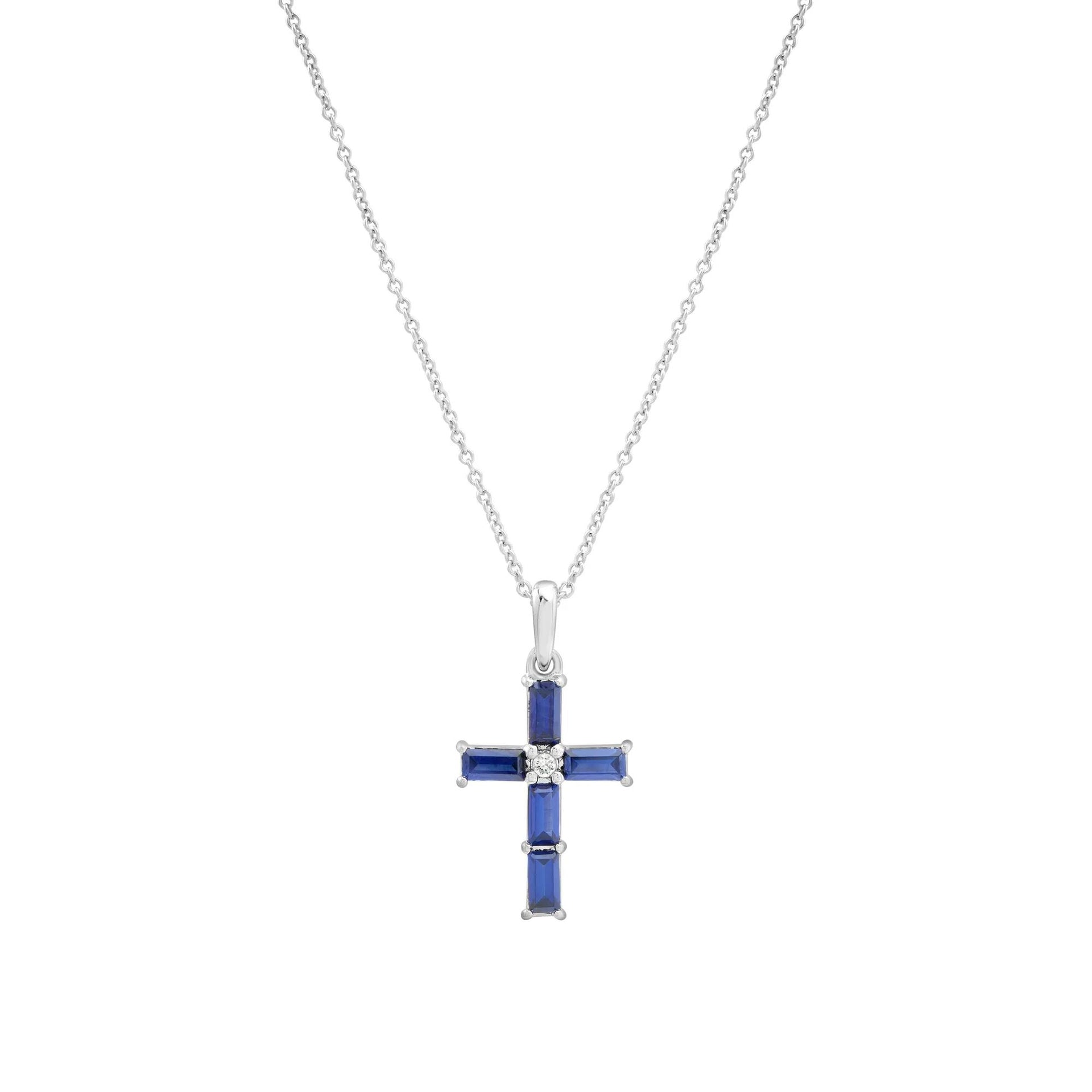 Lab-Created Blue and White Sapphire Cross Pendant Necklace .925 Sterling Silver Size 18"
