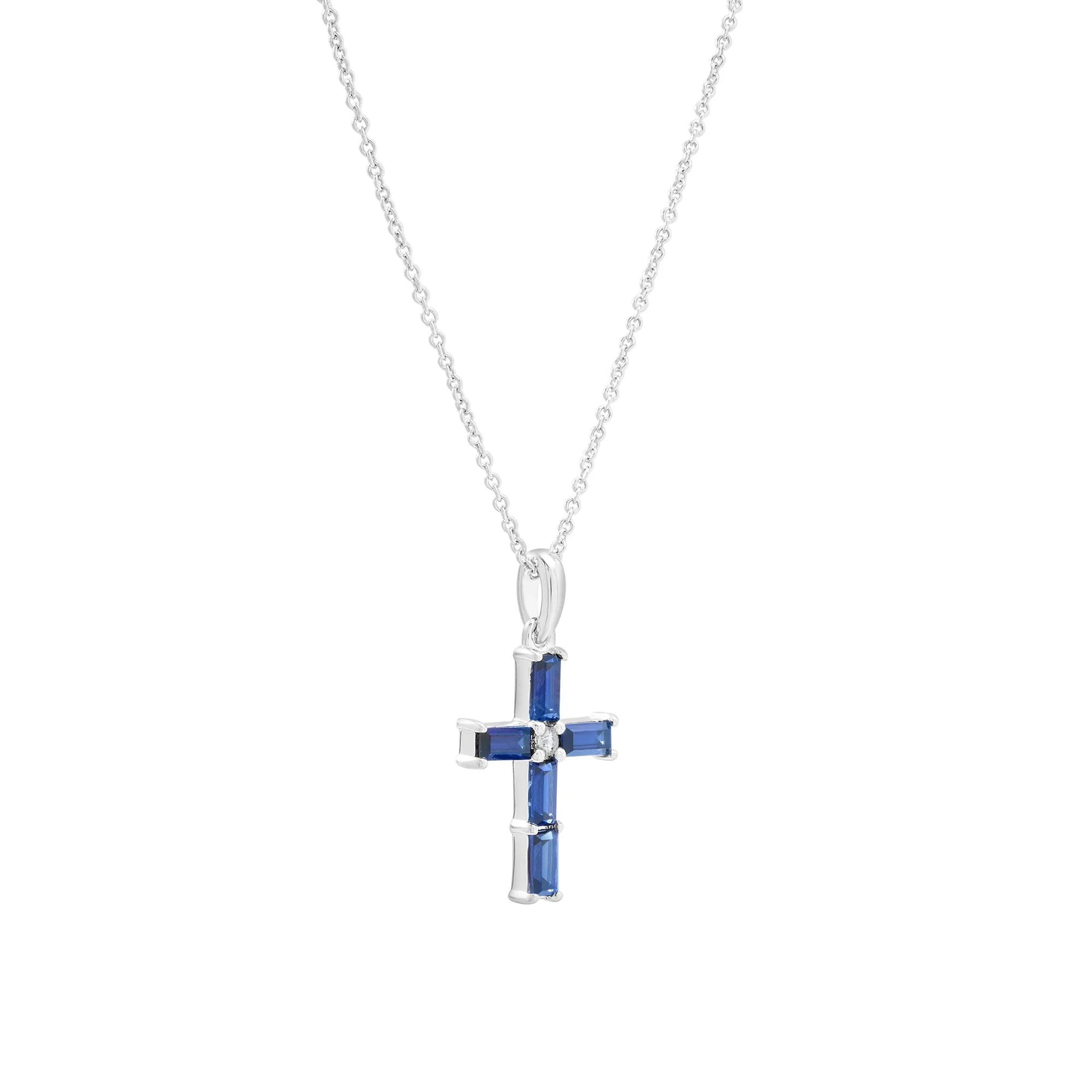 Lab-Created Blue and White Sapphire Cross Pendant Necklace .925 Sterling Silver Size 18"