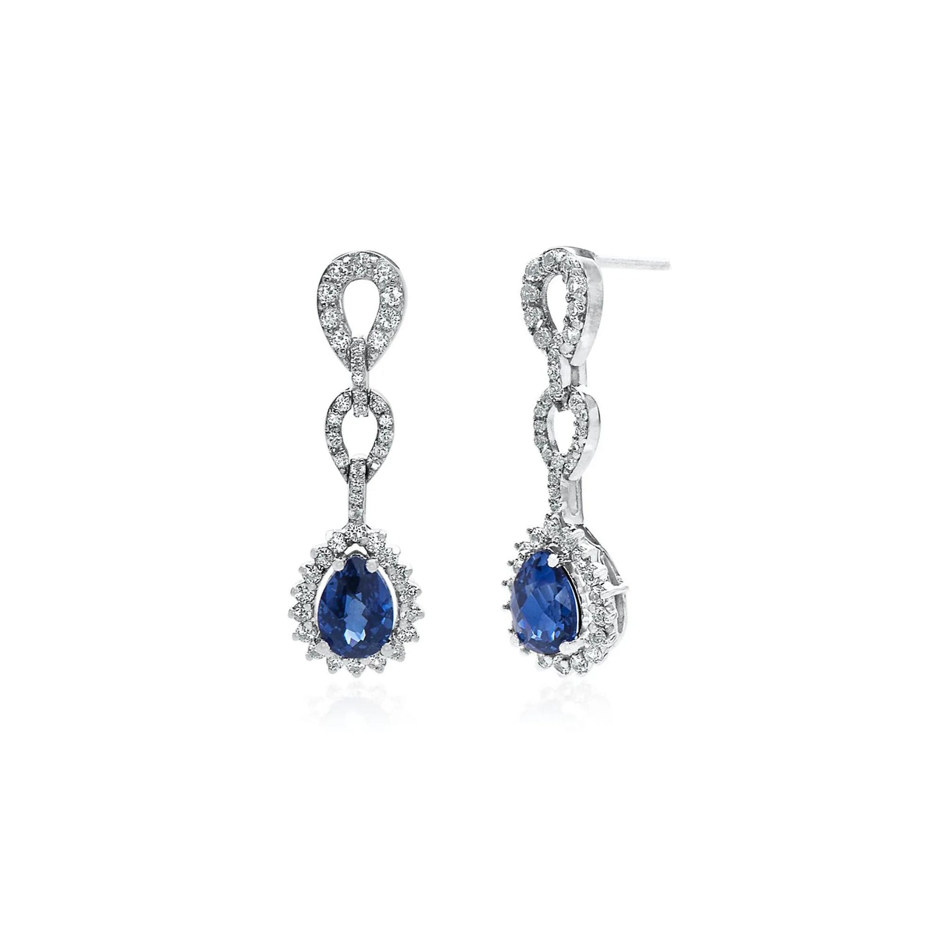 Lab Created Blue & White Sapphire Dangle Earrings .925 Sterling Silver Size 8.00mm