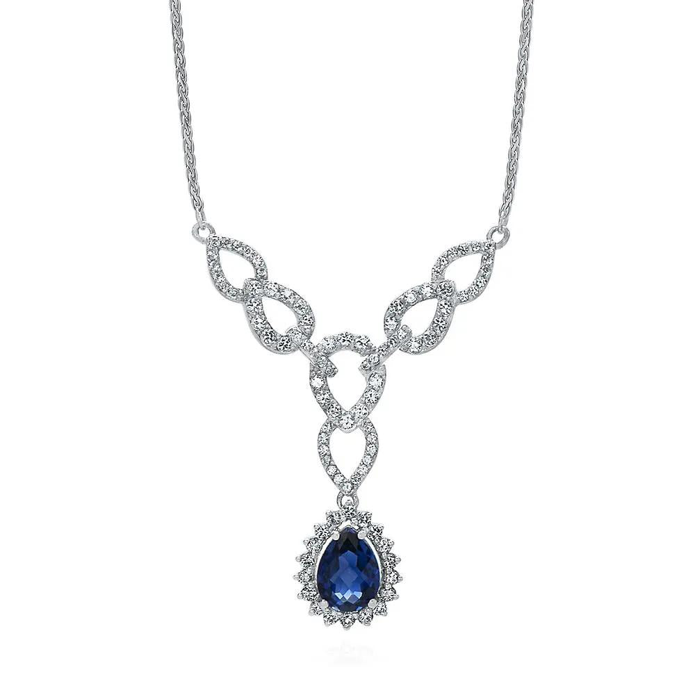 Lab Created Blue & White Sapphire Y-Necklace .925 Sterling Silver Size 17"