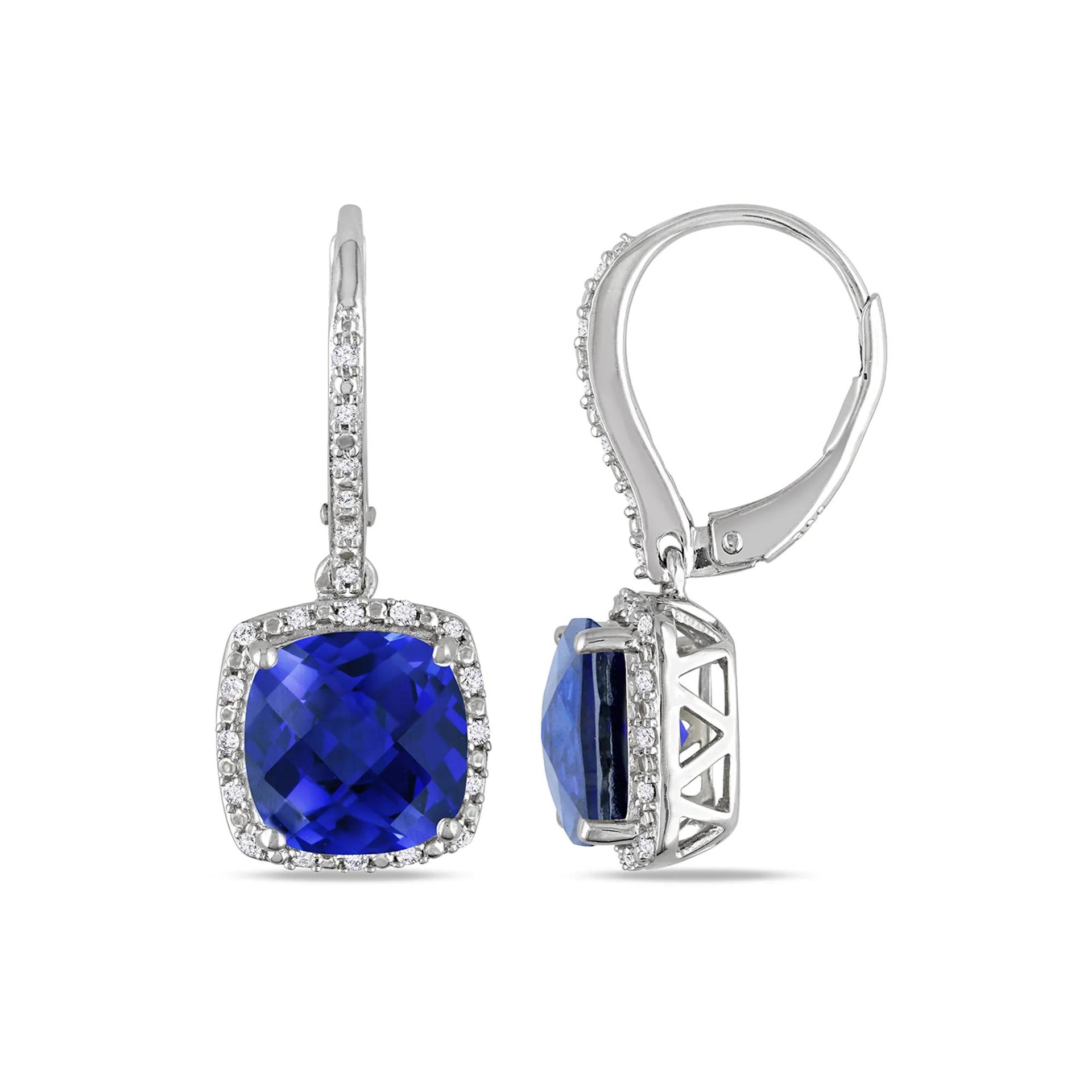 Lab Created Blue Sapphire & Diamond Drop Earrings .925 Sterling Silver White