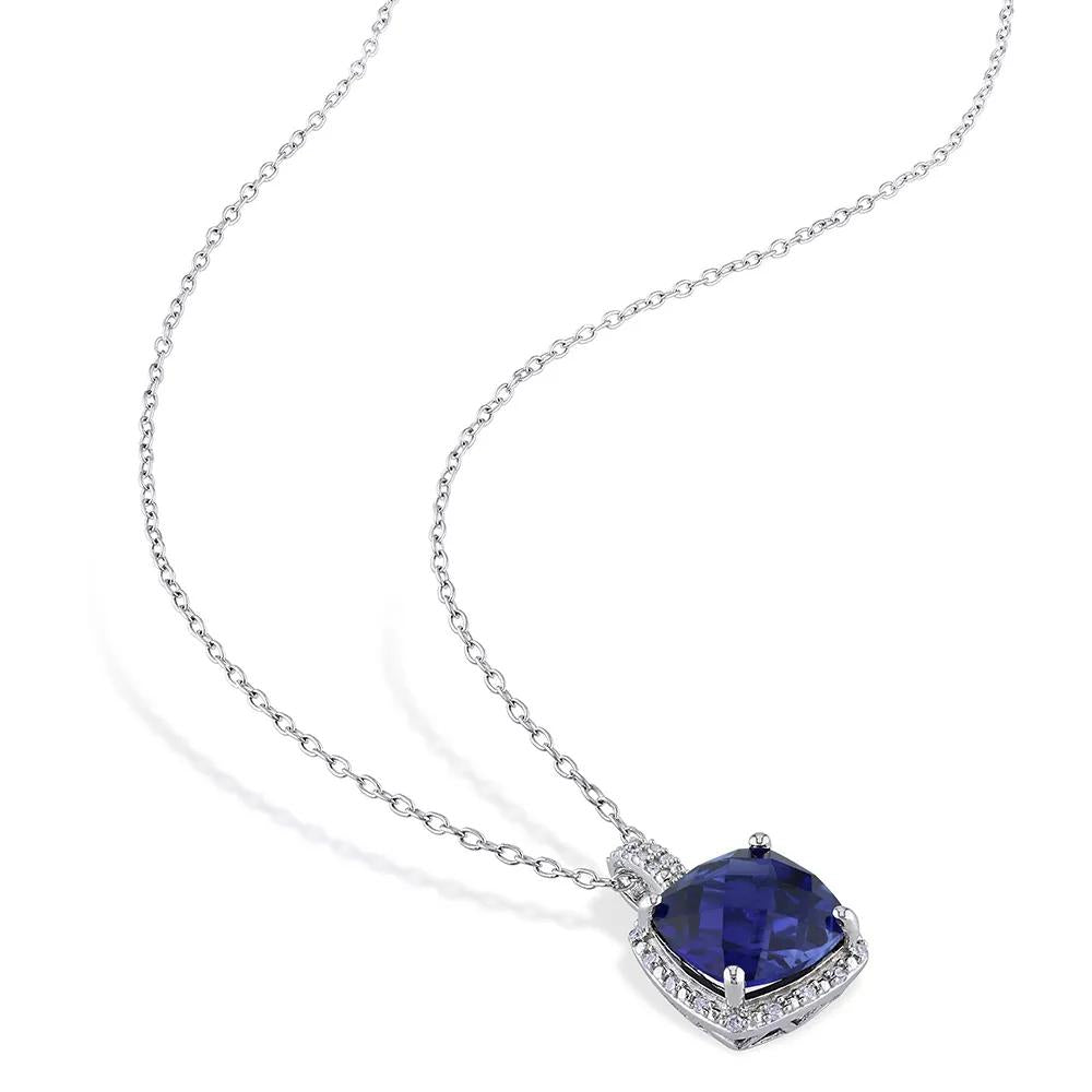 Lab Created Blue Sapphire & Diamond Pendant Necklace .925 Sterling Silver White Size 18"