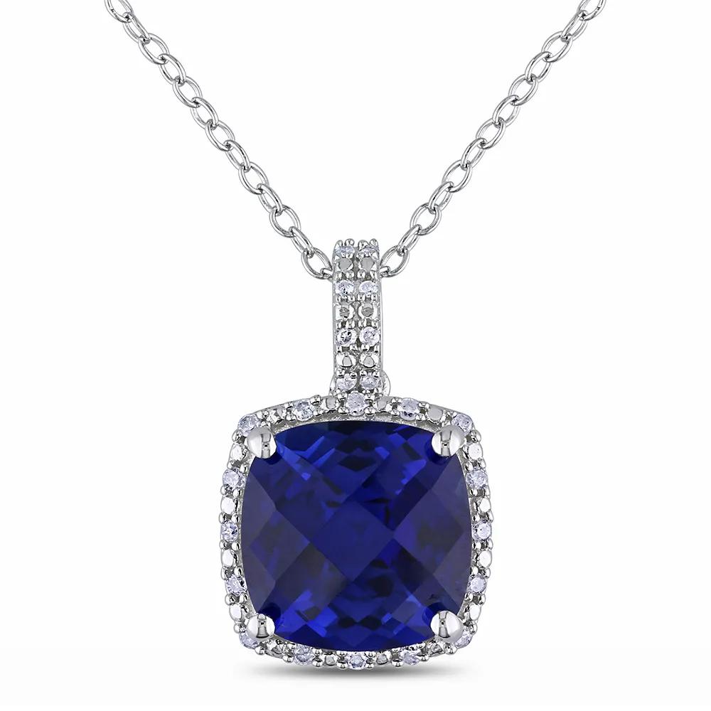 Lab Created Blue Sapphire & Diamond Pendant Necklace .925 Sterling Silver White Size 18"
