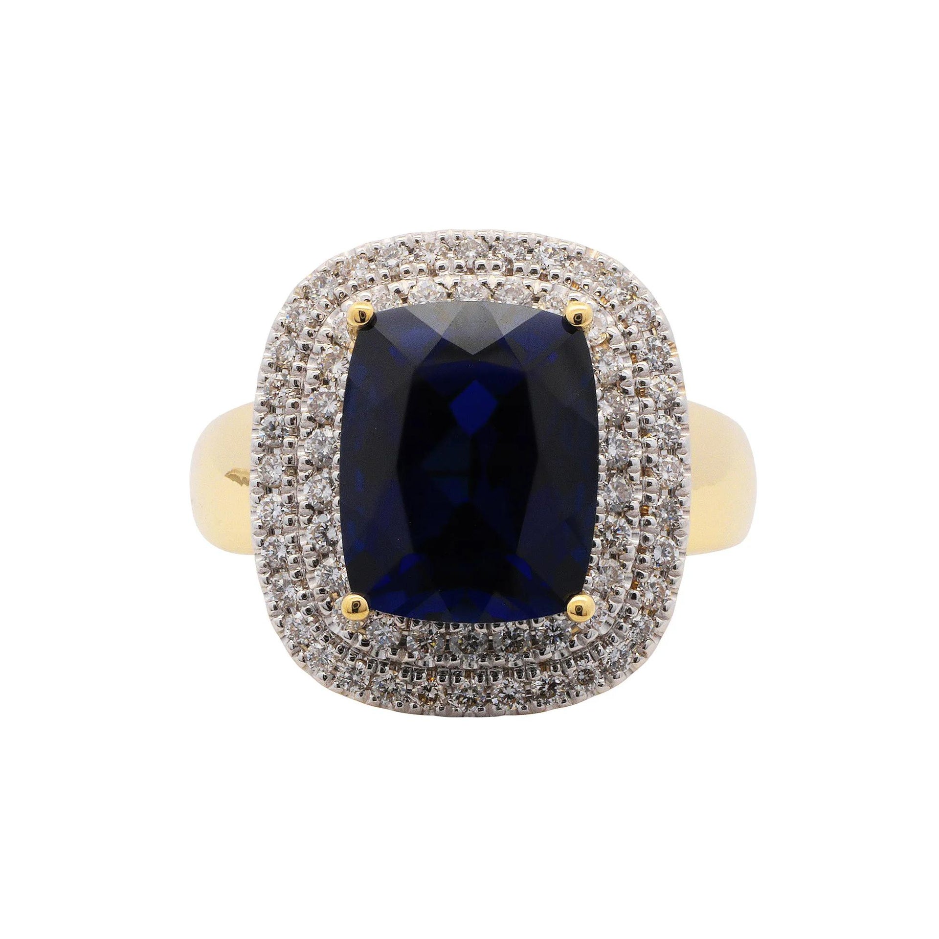 3/8 CT. Tw. Lab-Created Blue Sapphire and Diamond Ring 10K Yellow Gold Round Brilliant Cut Size 7 1mm