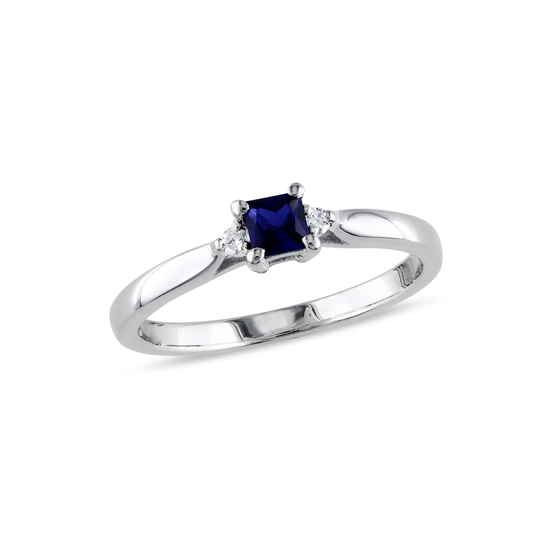 Lab Created Blue Sapphire & Diamond Ring .925 Sterling Silver White Size 5