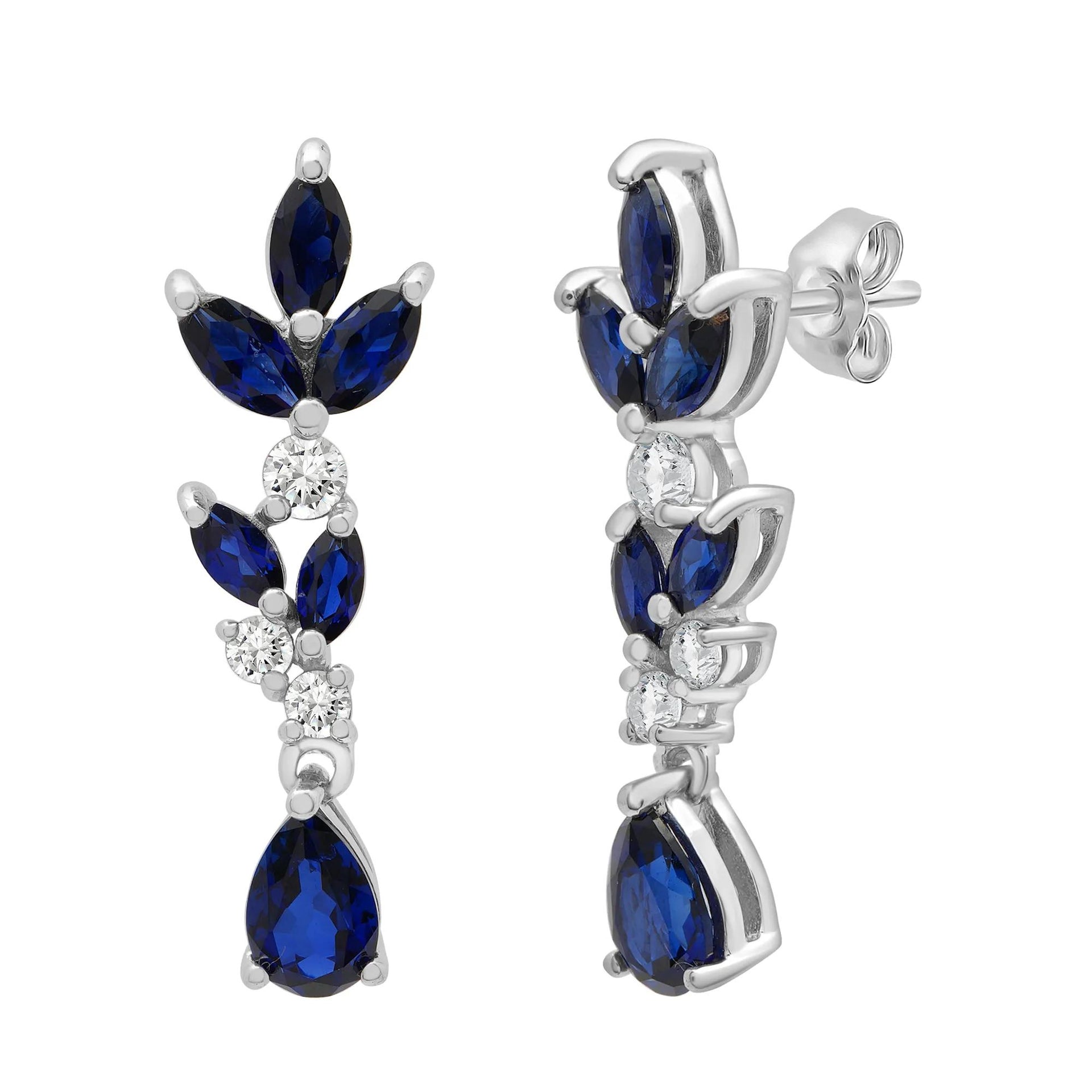 Lab-Created Blue Sapphire & Lab-Created White Sapphire Drop Earrings .925 Sterling Silver Size 2.50mm