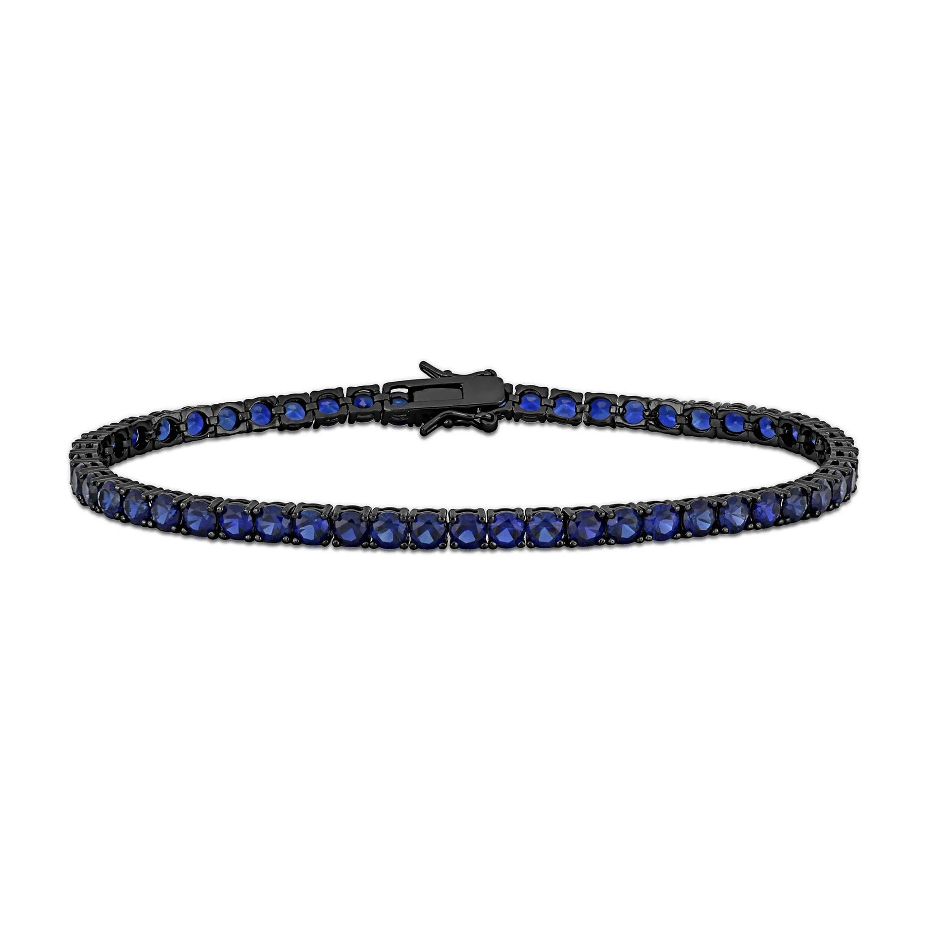 Lab-Created Blue Sapphire Bracelet .925 Sterling Silver & Black Rhodium Size 4.00mm