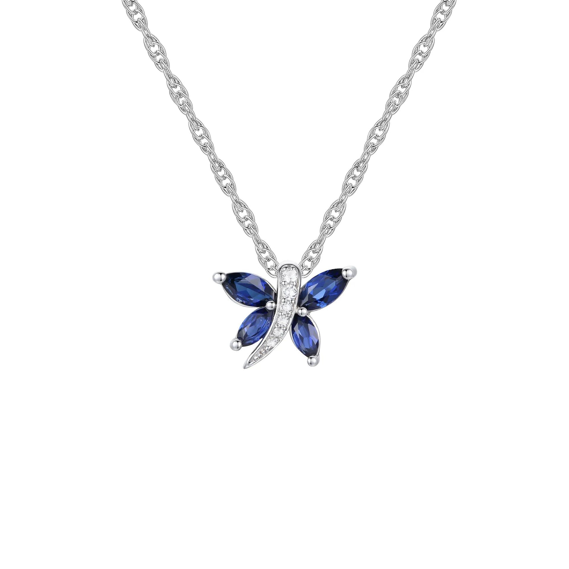 Lab Created Blue Sapphire Butterfly Pendant Necklace .925 Sterling Silver White Size 18"