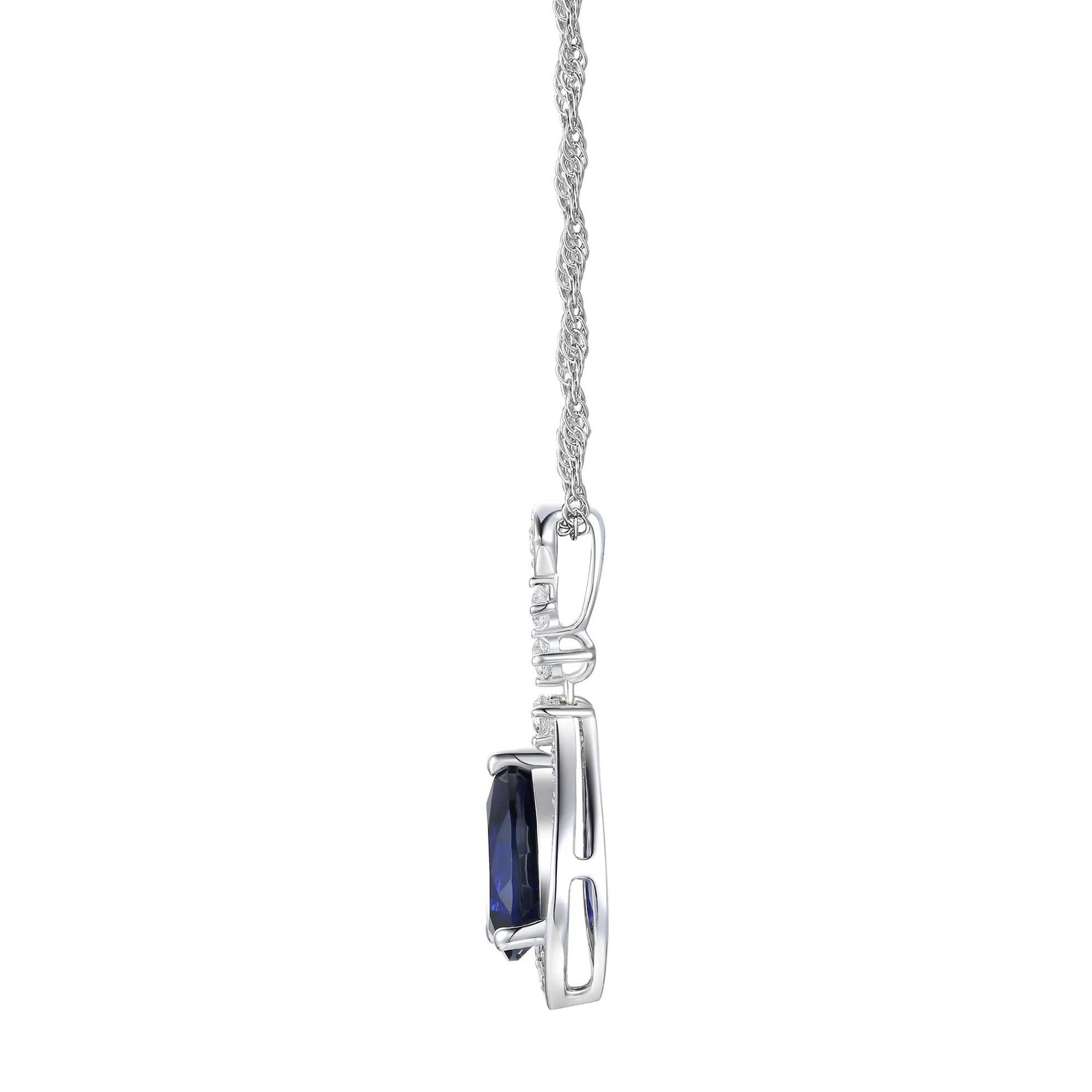 Lab Created Blue Sapphire Lab Created White Sapphire Halo Pendant Necklace .925 Sterling Silver Size 18"