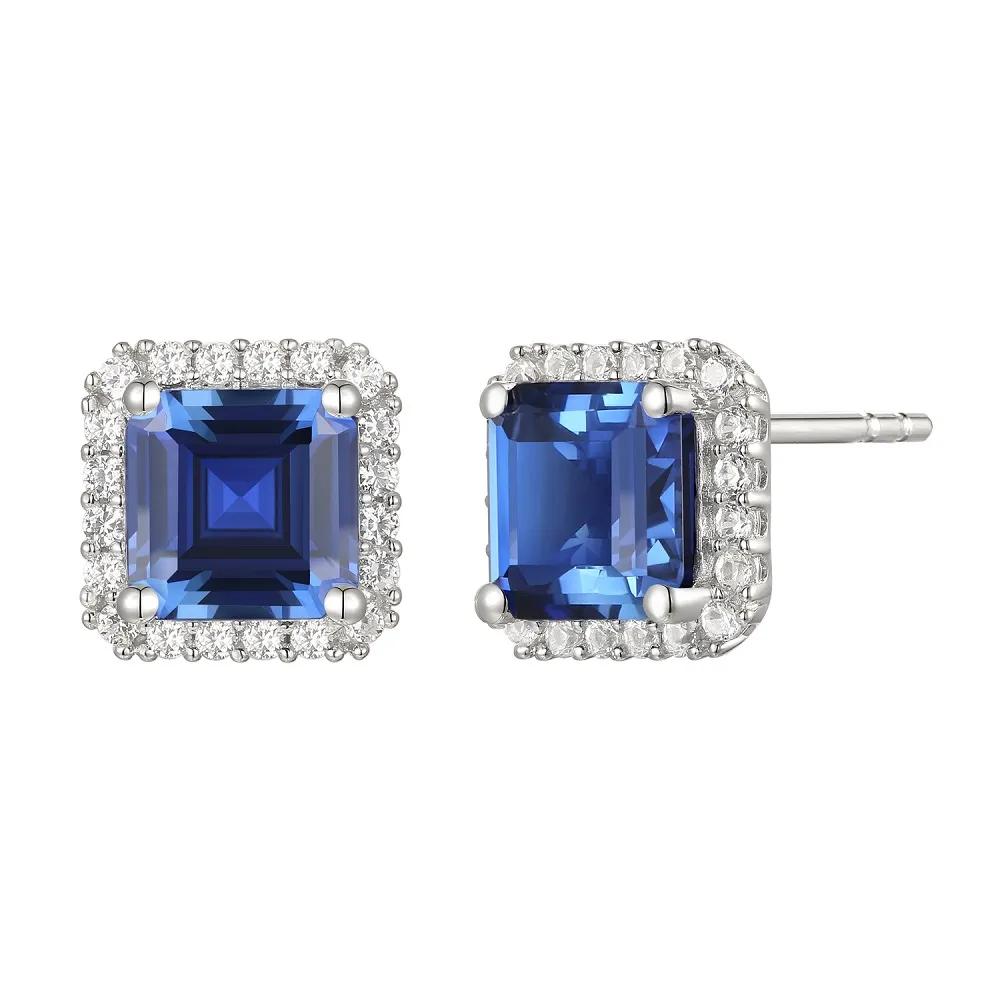 Lab Created Ceylon Sapphire Earrings Pendant Necklace and Ring Set .925 Sterling Silver White Size 7