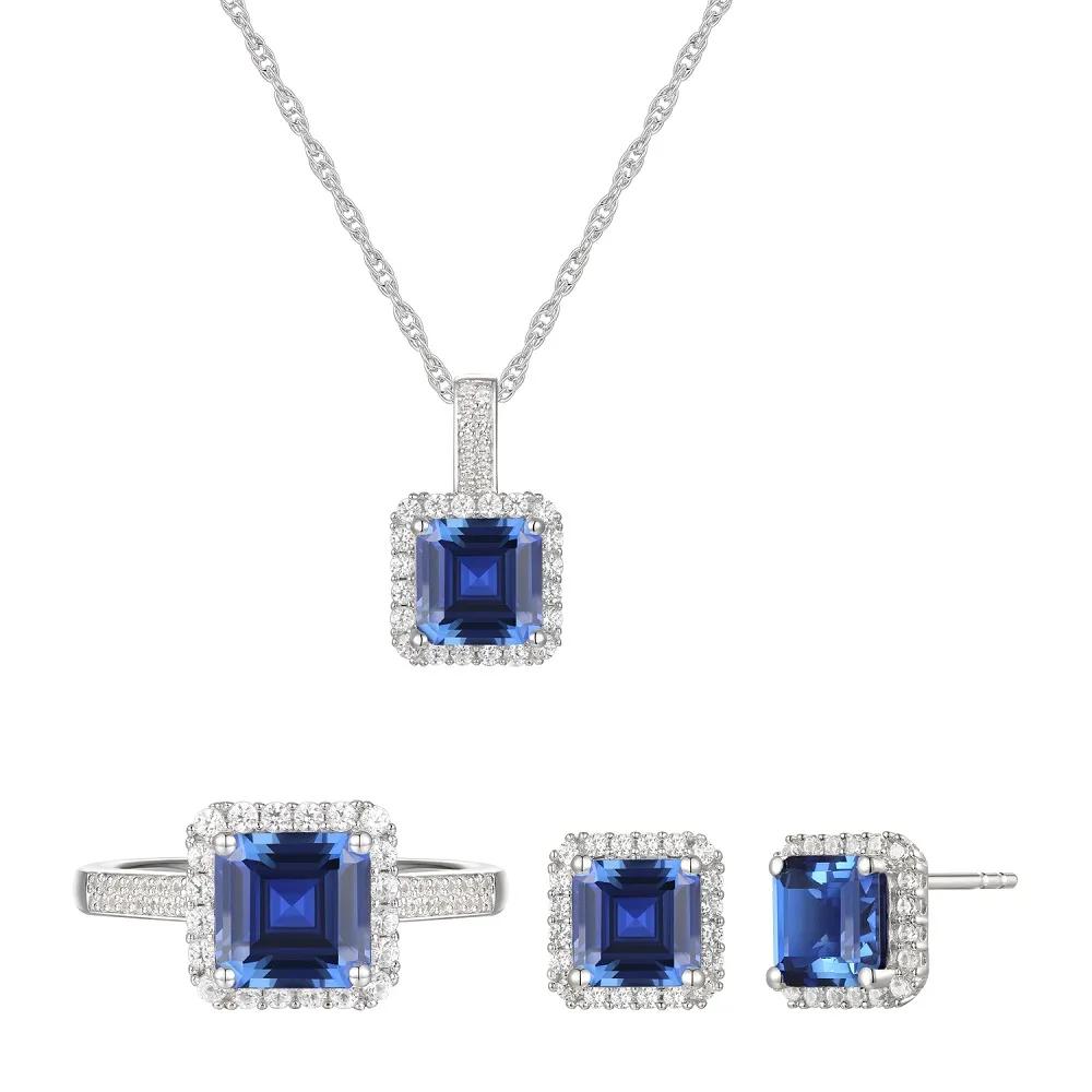 Lab Created Ceylon Sapphire Earrings Pendant Necklace and Ring Set .925 Sterling Silver White Size 7